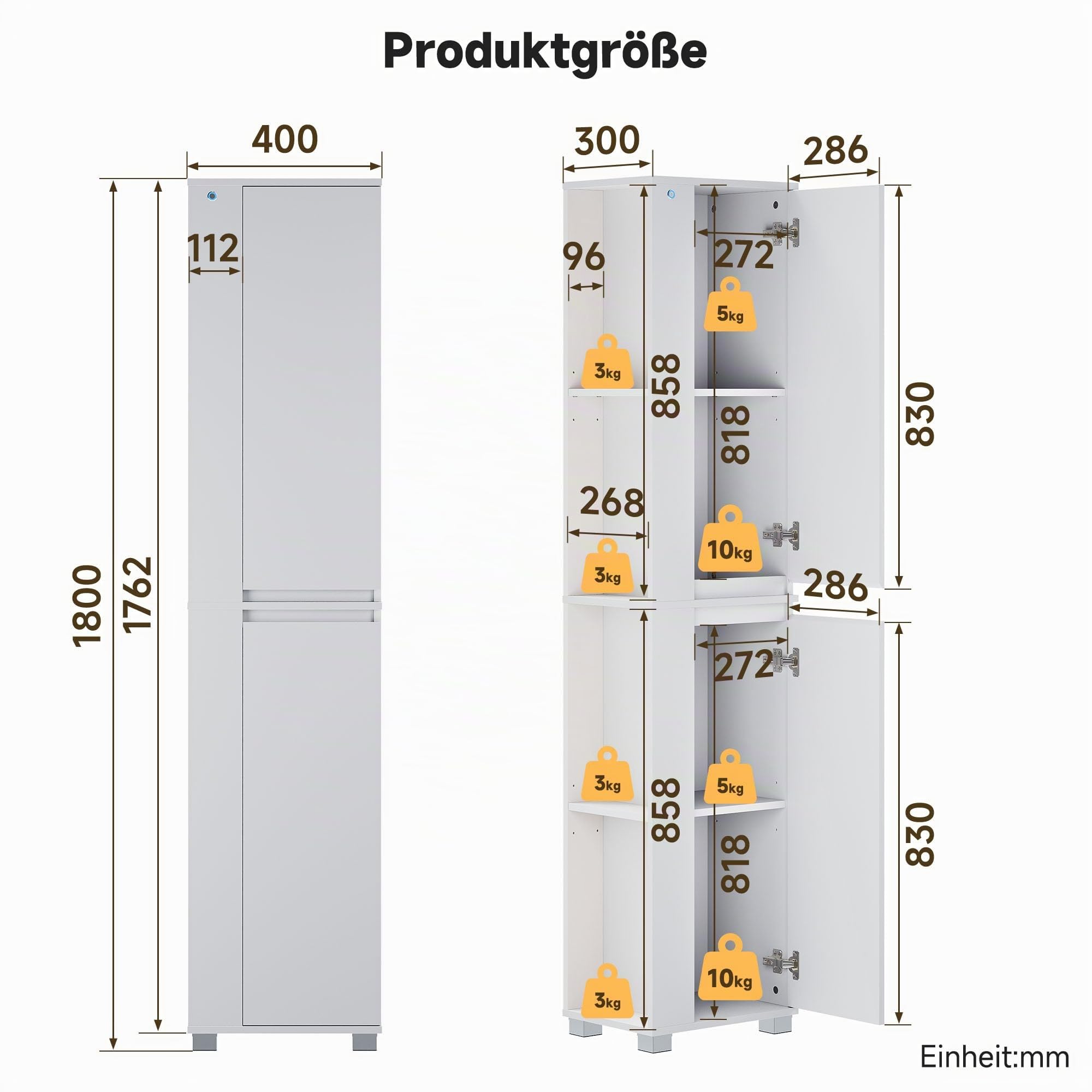 SONNI Badezimmerschrank mit LED, 2 Türen, 4 Offenes Fach, Weiß, 180x40x30cm