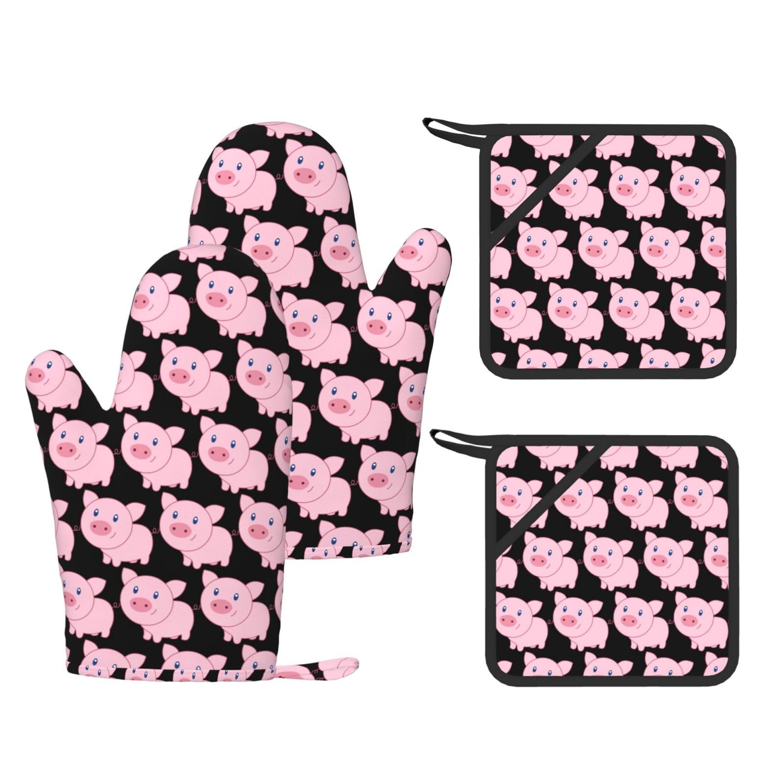 Cute Pig Printed Pot Holders and Oven Mitts 4-Piece, Non-Slip Kitchen Gloves with Utensil Pocket for BBQ