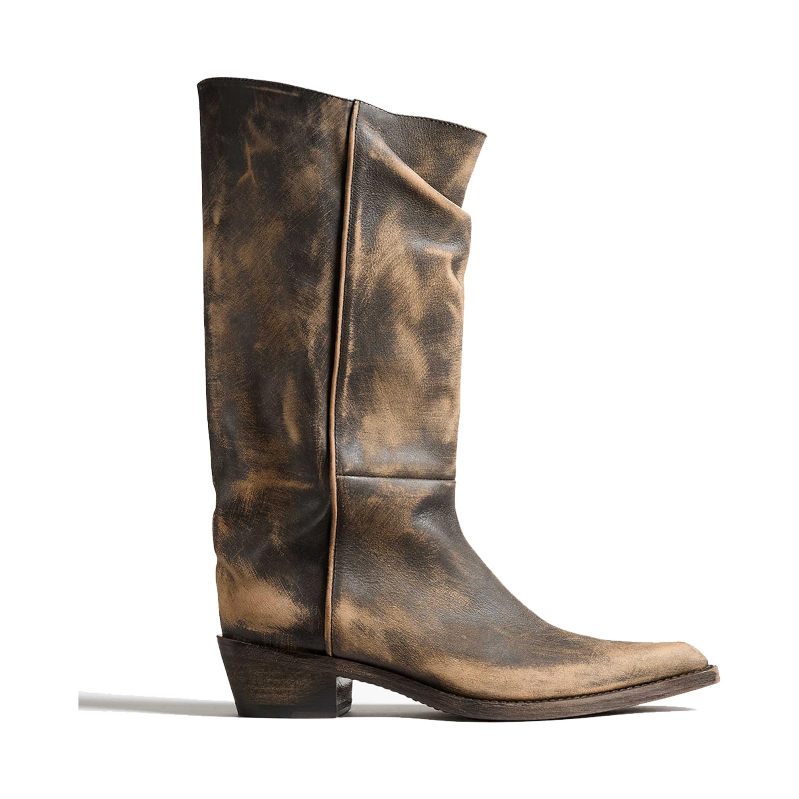 Mid Calf Boots for Women Chunky Block Heel Western Tall Boots Pointed Toe Pull On Fashion Cowgirl Cowboy