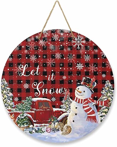 Letrero de bienvenida de temporada para puerta delantera, árbol de Navidad, camión, copo de nieve, muñeco de nieve, búfalo, a cuadros, coronas