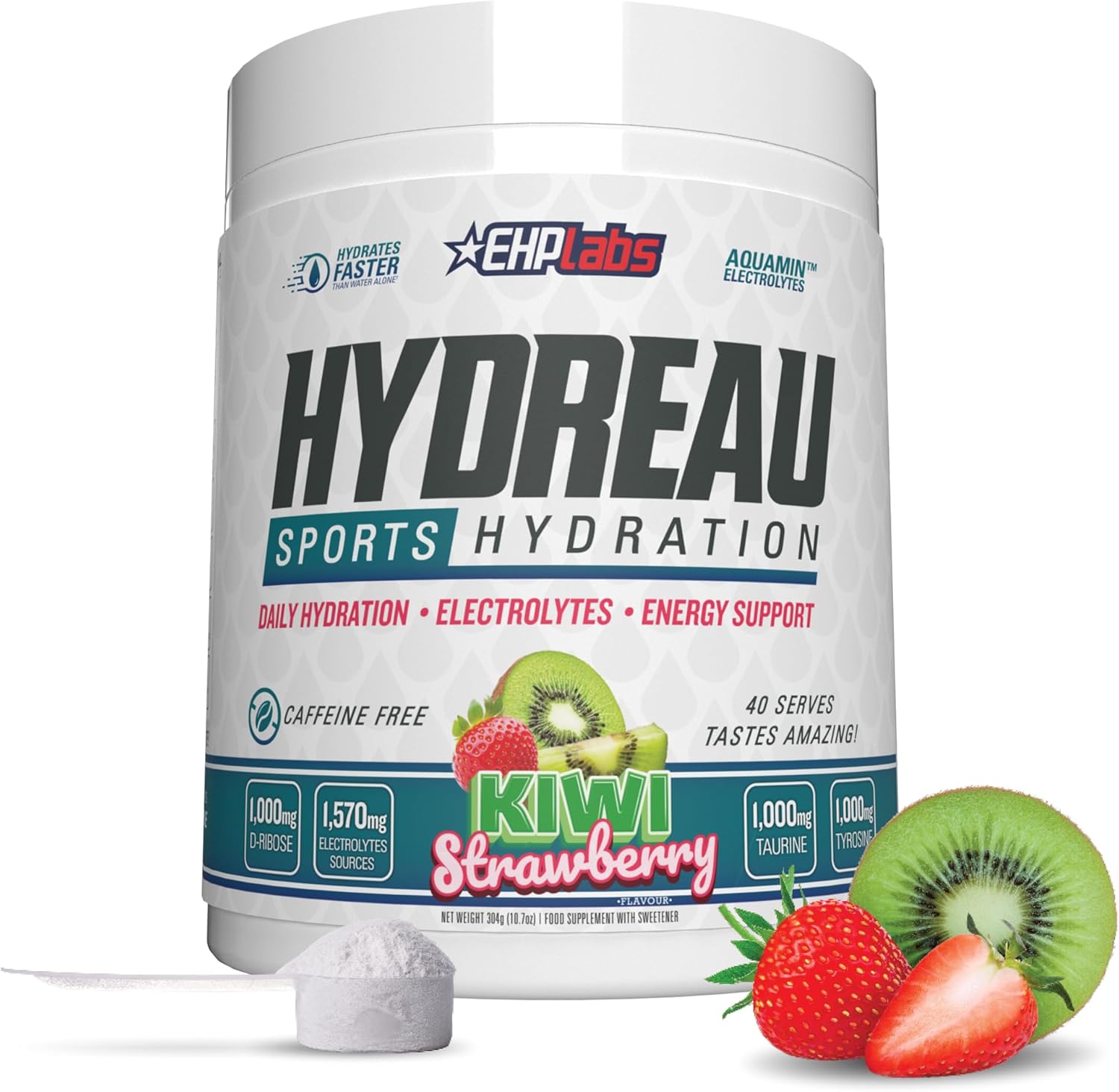 EHP Labs Hydreau Electrolytes Powder No Sugar – Hydration Powder for Endurance & Energy – Electrolyte Powder for Men & Women – Sugar Free Electrolytes – Kiwi Strawberry (40 Serves)