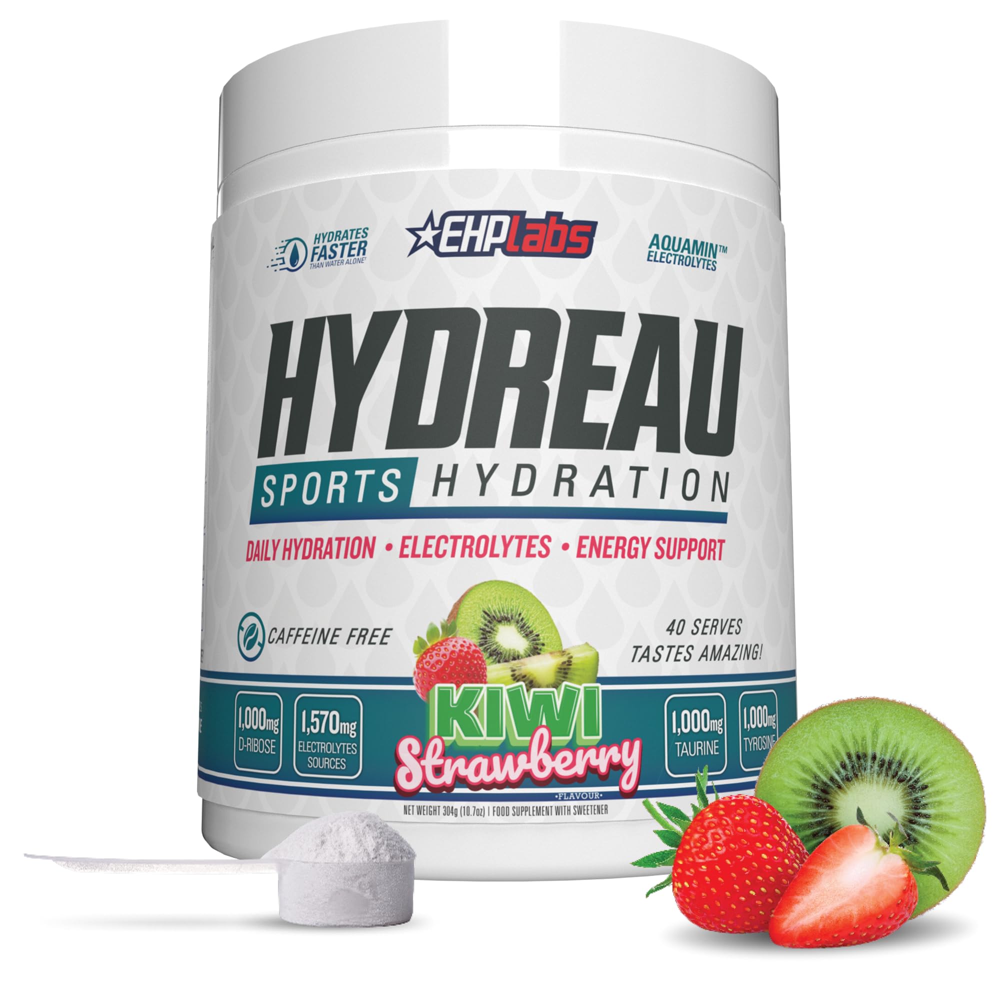 EHP Labs Hydreau Electrolytes Poudre sans sucre – Poudre d'hydratation pour endurance et énergie – Poudre d'électrolytes pour homme et femme – Électrolytes sans sucre – Fraise kiwi (40 portions)