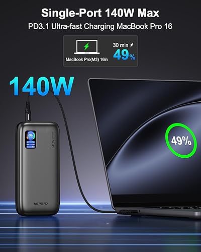 Miniatura 2 de AsperX Banco de energía para portátil, 25,000 mAh, 140 W, PD 3.1, cargador portátil de carga rápida, pantalla inteligente TFT USB C (92.5 Wh) para
