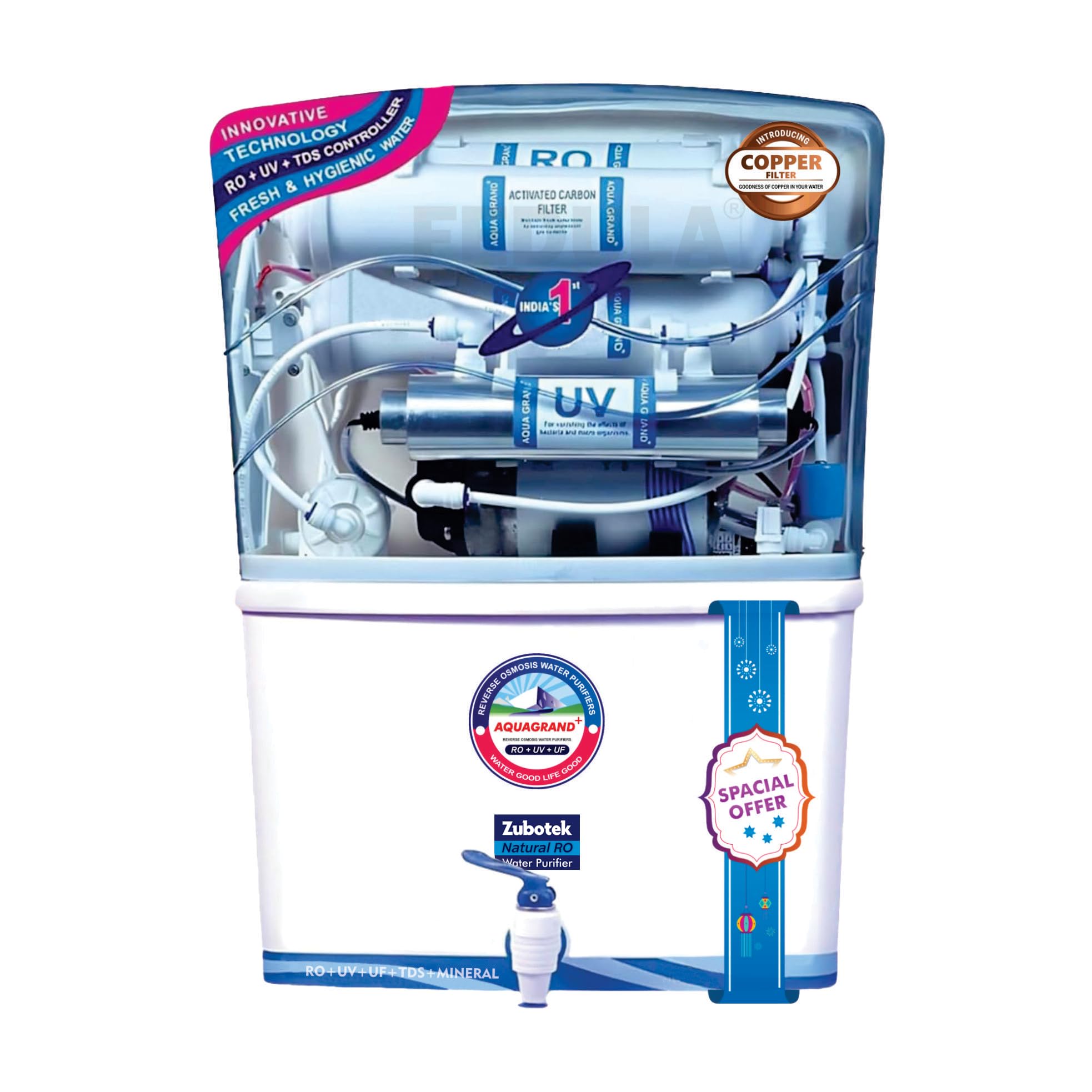 Aqua RO Water Originial Grand Plus Smart RO Water Purifier for home | RO+UV+UF+ORC Copper & Zinc Technology | High TDS Membrane |12-Stage Filteration | 20 LPH | 1 Year Warranty.-picture-15