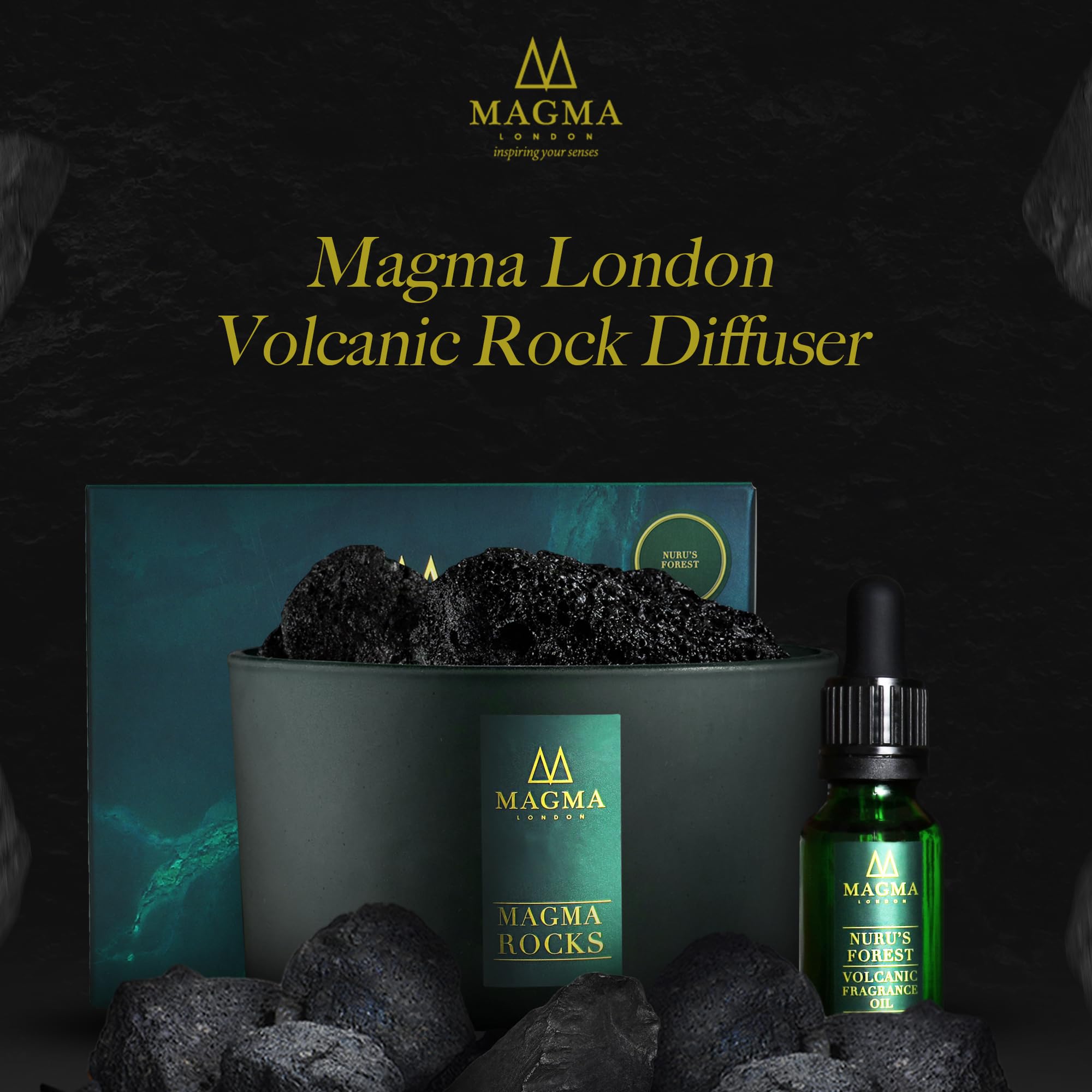 Difusor de Piedra de Lava - Difusor de aceites Esenciales de Rocas volcánicas - Fragancia para el hogar - Piedras aromáticas orgánicas de Larga duración de Magma London (Nuru's Forest)