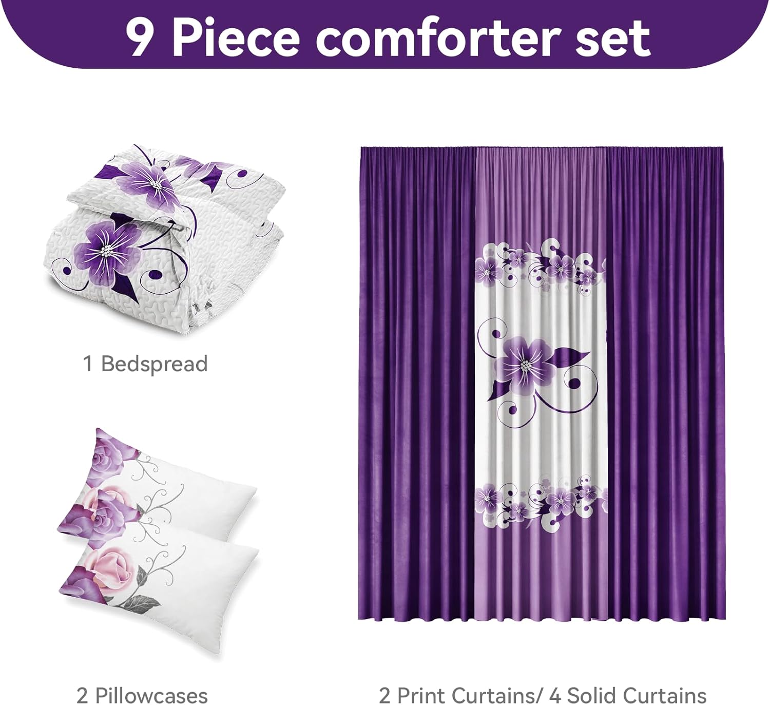 CozyCreatures Vintage Boho Purple White Floral Queen Comforter Set, 9-Piece Bed in a Bag with Curtains, Brushed Microfiber Bedspread Set with Matching Curtains for Master Bedroom, Machine Washable