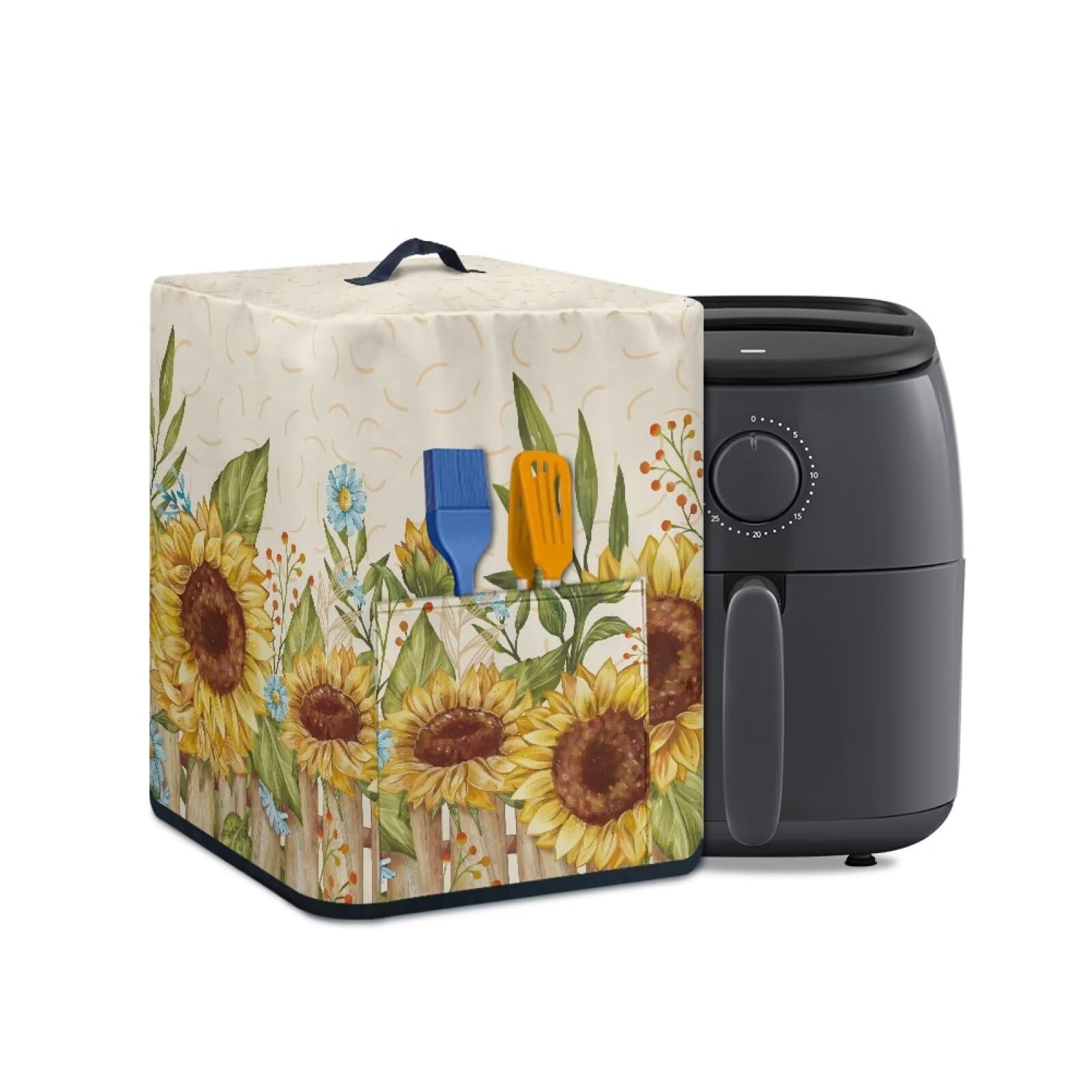 Retro Sunflower Insulated Air Fryer Covers Personalised Appliance Covers Dust Cover with Handle and Front Pocket Storage Spatula