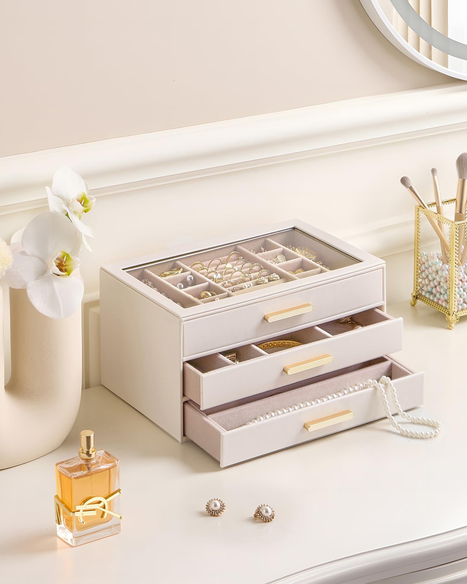 Lolalet Jewelry Box Organizer, 3-Layer Jewelry Organizers and Storage Case with Glass Lid, Ring Earring Bracelet Necklace Holder Organizer, Birthday Christmas Gifts for Women Girls -3Layer, Beige