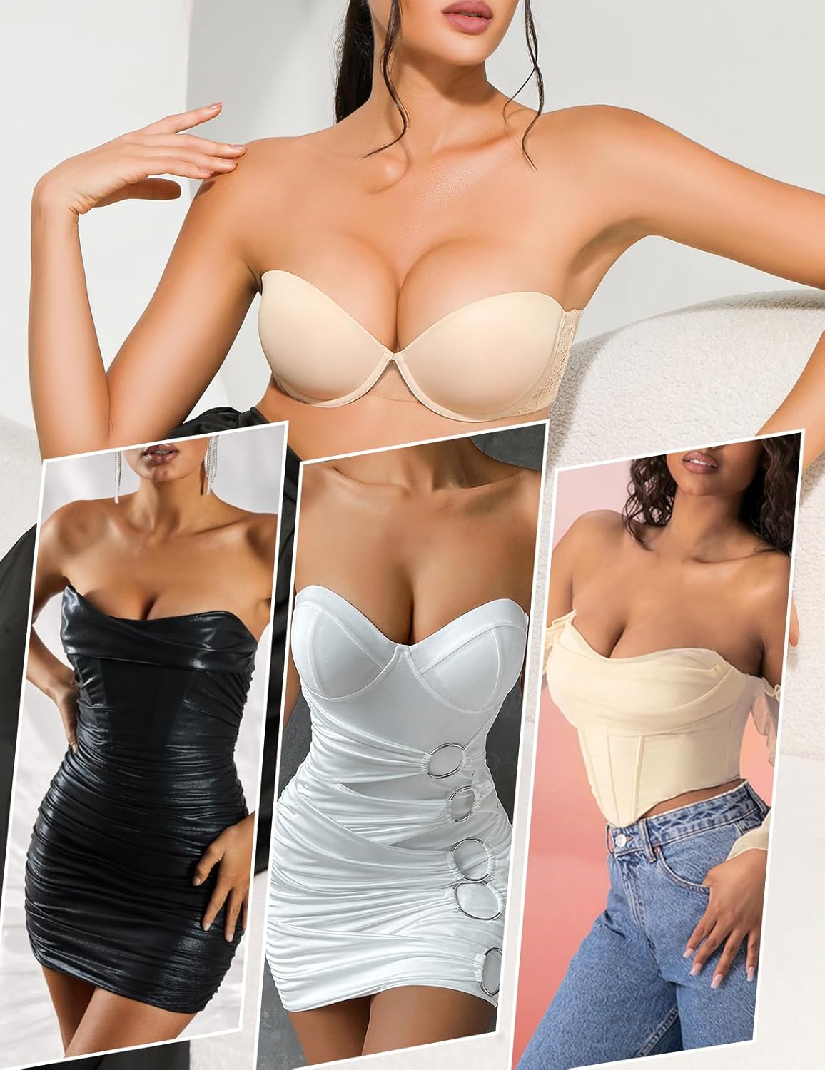 Strapless Push Up Bra with Clear Straps for Women, Thick Padded Underwire Convertible Bras Add One Cup - Image 6