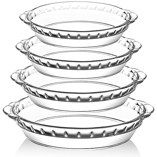 4 Packs Glass Pie Plates, MCIRCO Deep Pie Pans Set (7"/8"/9"/10"), Pie Baking Dishes with Handles for Baking and Serving, Clear