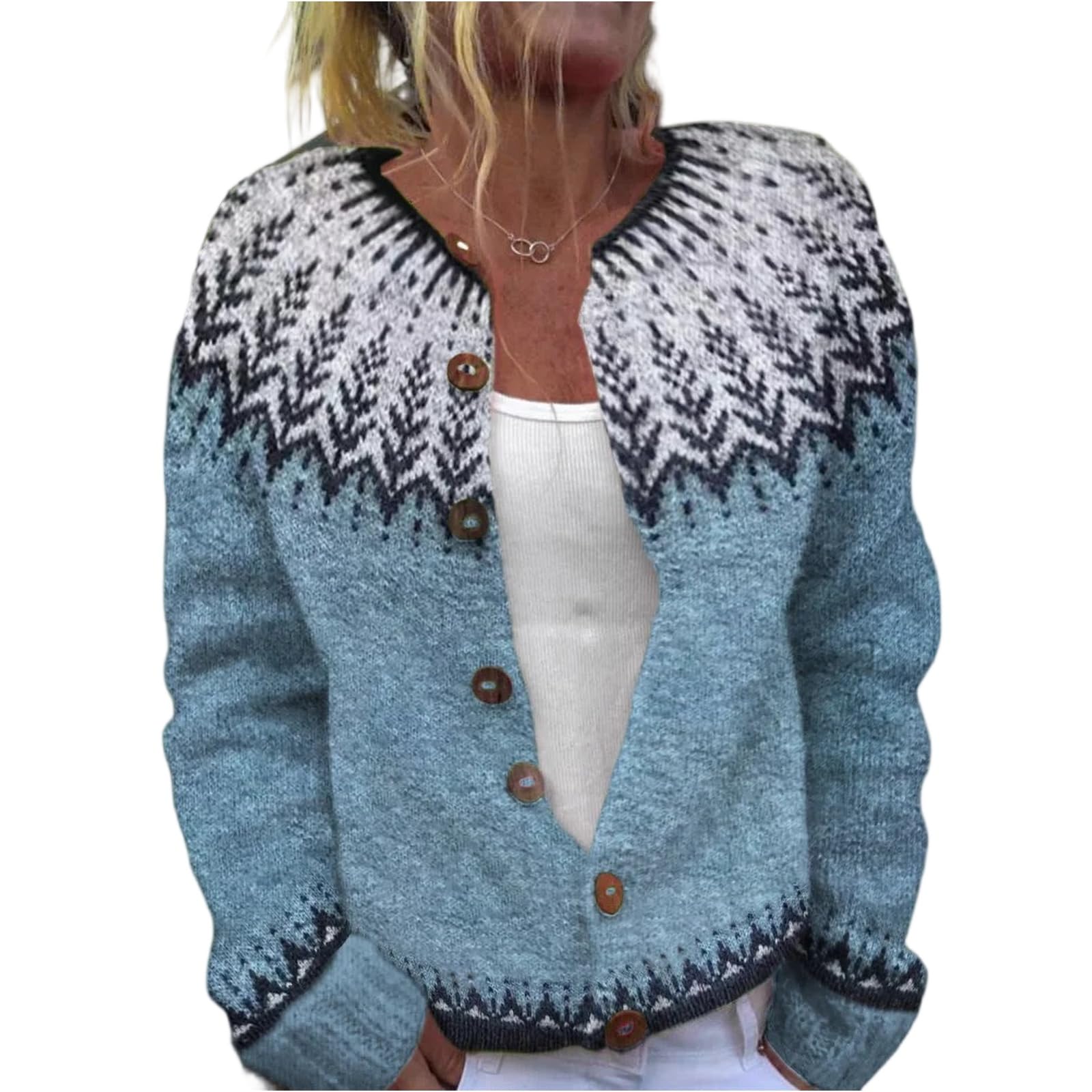 Fair Isle Cardigan Sweaters for Women Crew Neck Loose Fit Button Up Chunky Sweater Open Front Casual Fall Knit Jacket