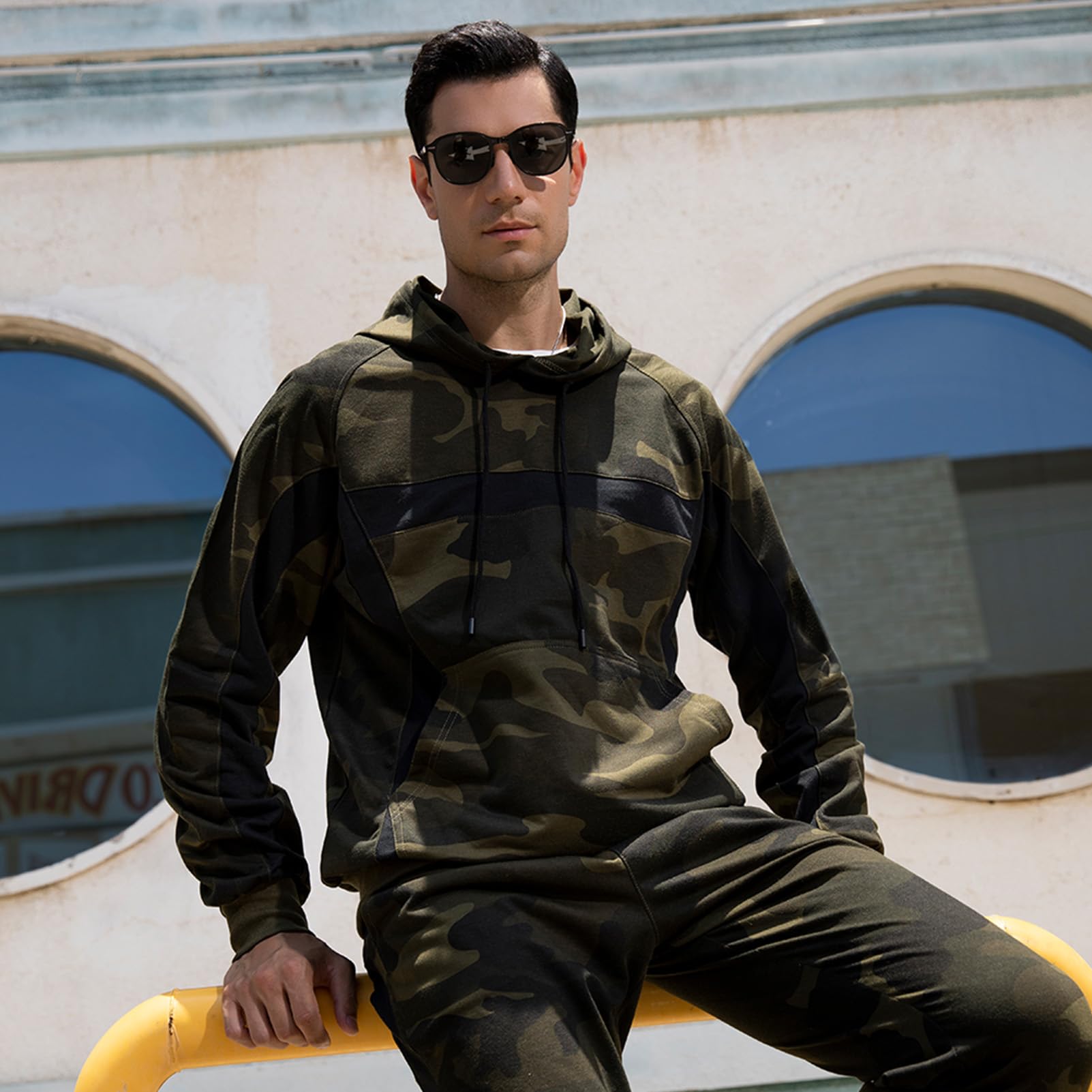 Uomo Tuta da Ginnastica Mimetica 2 Pezzi Felpe con Cappuccio e Pantaloni da Jogging Casual Abbigliamento Sportivo