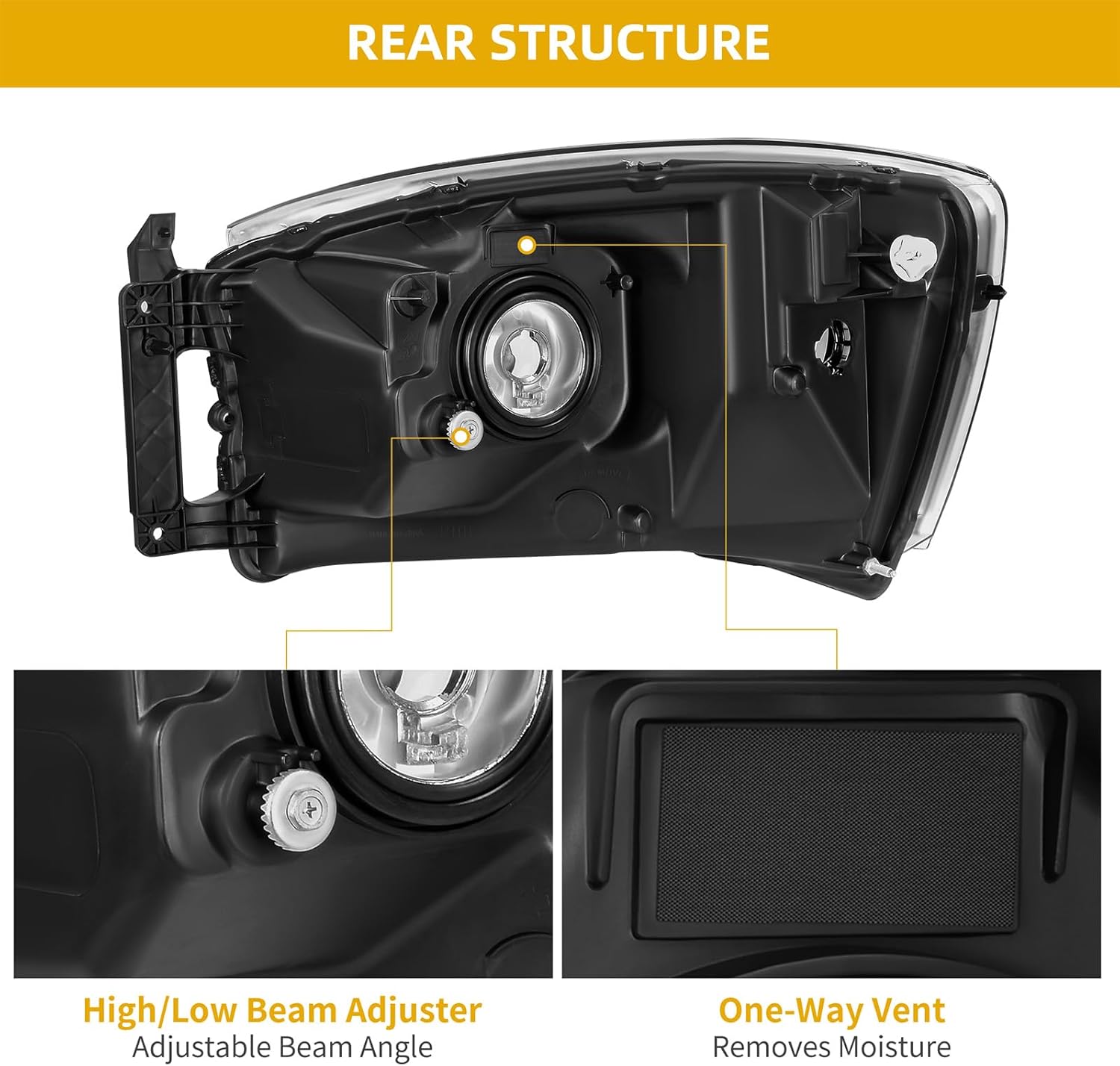 DWVO Headlight Assembly Compatible with 2006-2008 Dodge Ram 1500/06-09 Dodge Ram 2500 3500 Pickup Replacement Headlamp Driving Light Black Housing Amber Reflector Clear Lens