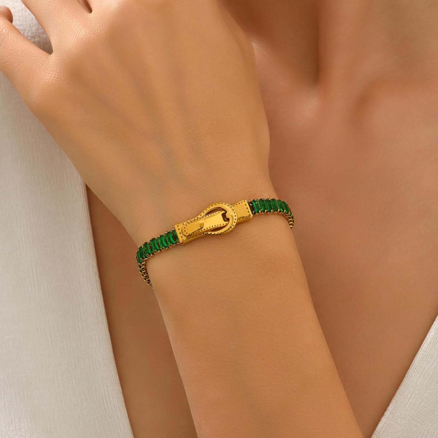 Colorful Tennis Bracelet for Women, 18K Gold Plated 5mm Rectangle Cubic Zirconia Simulated Diamond Bracelet, Size 7.7 Inch, Trendy Christmas Gifts - Image 3