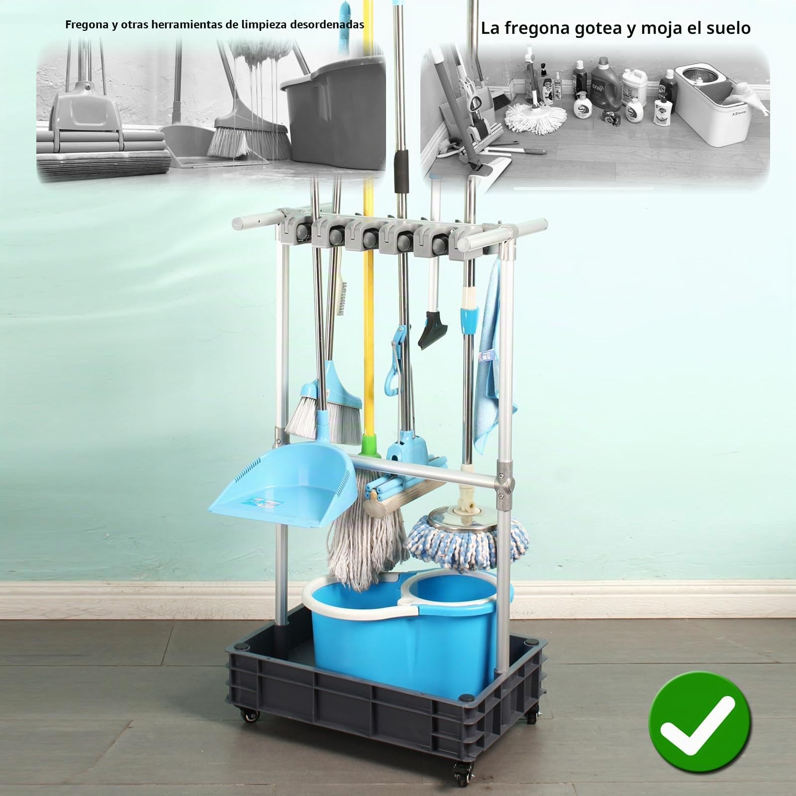 Soporte para escobas para fregonas, almacenamiento para dispositivos de limpieza, carrito de limpieza móvil, resuelve el problema de las mopas que gotean y suelos húmedos