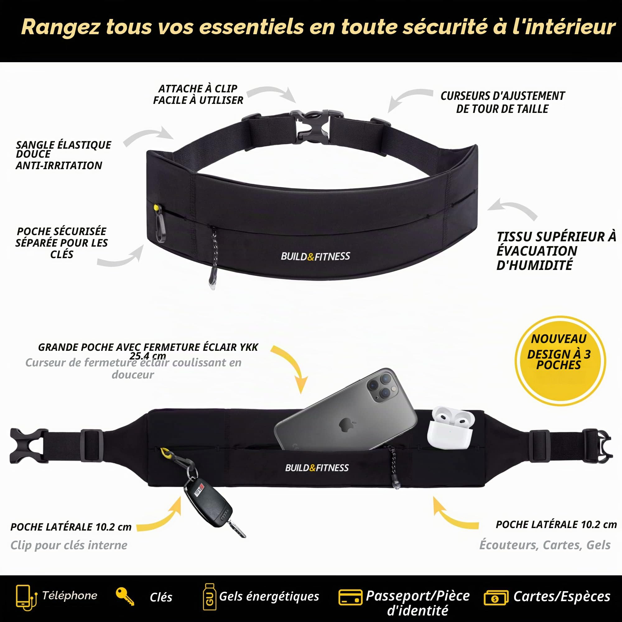 Build & Fitness Sac Banane – Taille Ajustable, Fermeture éclair YKK Pochette Smartphone – Convient à Tous Les Téléphones, Clés, Cartes, Airpods - Marche,Yoga, Ceinture Course A Pied Hommes et Femmes