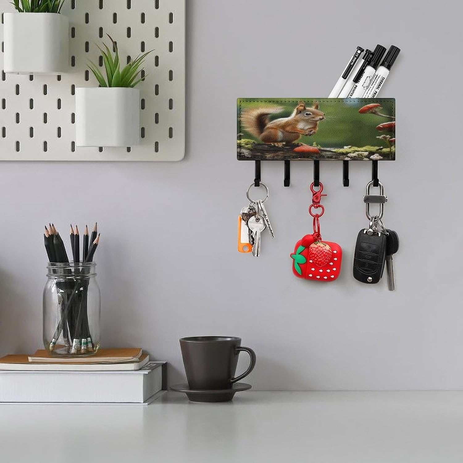 Key Holder Wall Mount Key Hanger with 5 Hooks, Decorative Key Rack | Red Squirrel on Small Green ​hill Hanging Key Hooks with Mail Organizer for Wall Living Room Kitchen Bathroom Hallway