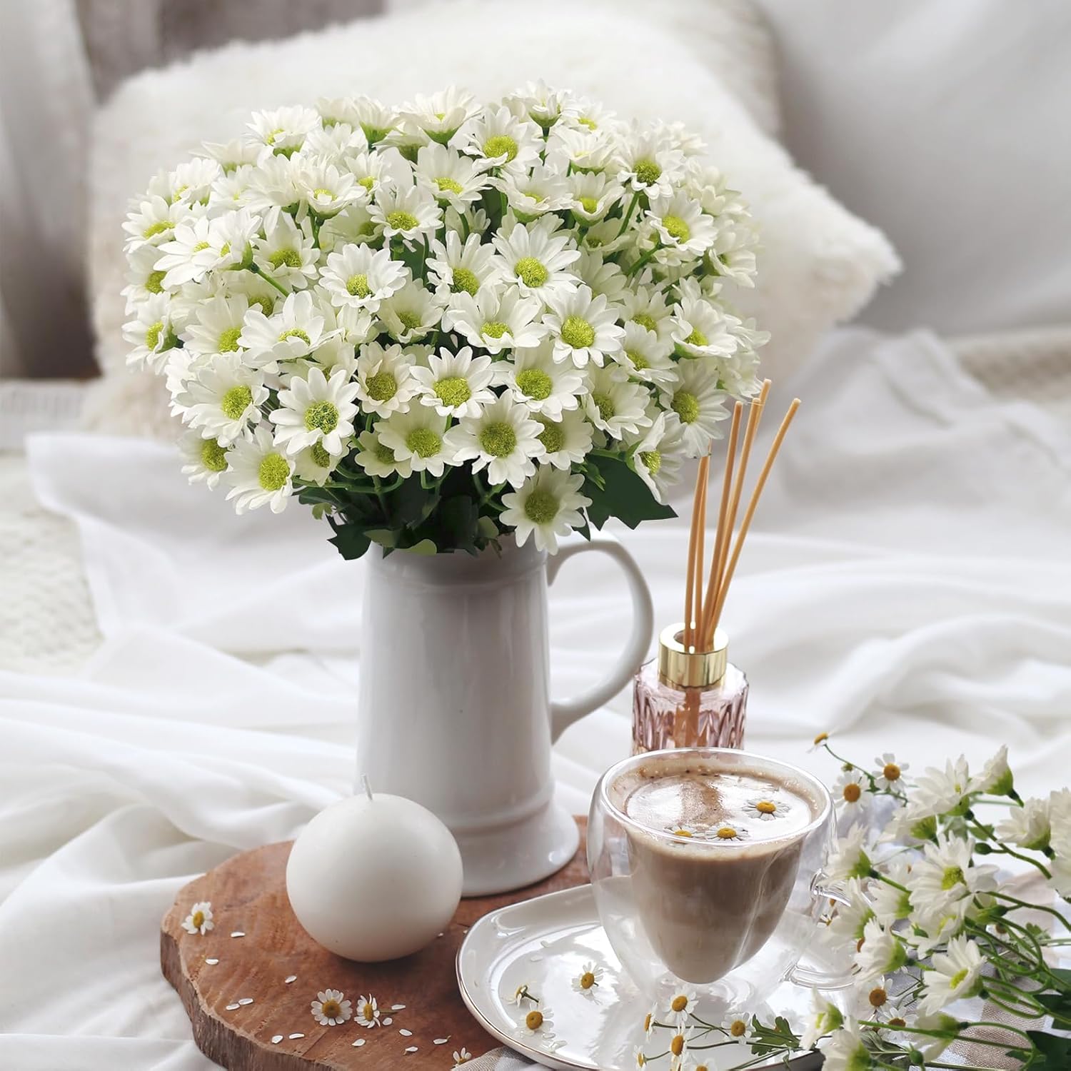 SNAIL GARDEN 6 Bunches Artificial Daisy Flowers with Paper Bag,126 Heads Silk Daisy Spring Wildflowers with Greeting Card for Home Office Baby Shower Wedding Bridal Flower Bouquet