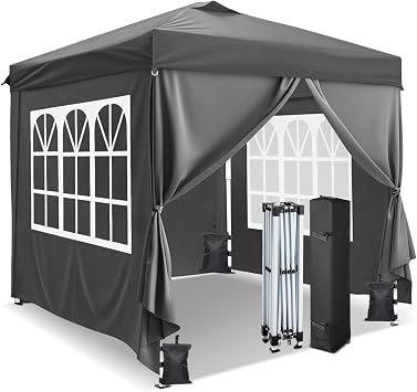 Pop Up Canopy Tent, 10x10ft Instant Tent with 4 Sidewalls, Waterproof Sun Shelter for Outdoor Parties, Beach, 1-Button Setup with 2 Doors & 2 Windows, Gray