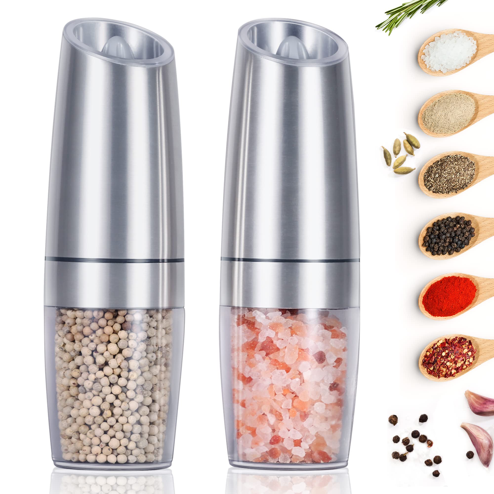 Gravity Salt and Pepper Mill Set, Battery Powered with LED