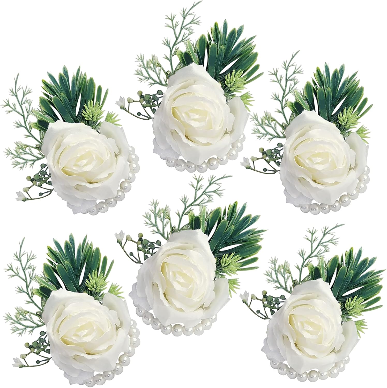 Artificial Flowers White Rose Wrist Flowers and Men's Corsage Wedding Flowers Ceremony (6pcs White Wrist Corsages)