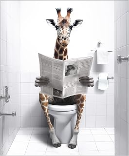 Funny Giraffe Sitting on Toilet Reading Newspaper 11x14 Unframed Wall Art Print - Cute Cheerful Animal Artwork Fun Humor Bathroom Rest Room Decor. Unique Mothers Day Birthday Christmas Gift Idea