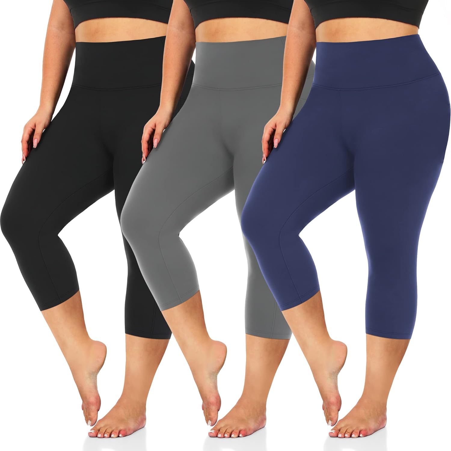 3 Pack Womens Plus Size Capri Leggings High Waist Tummy Control Stretchy Yoga Workout Pants XL-4X - Spandex