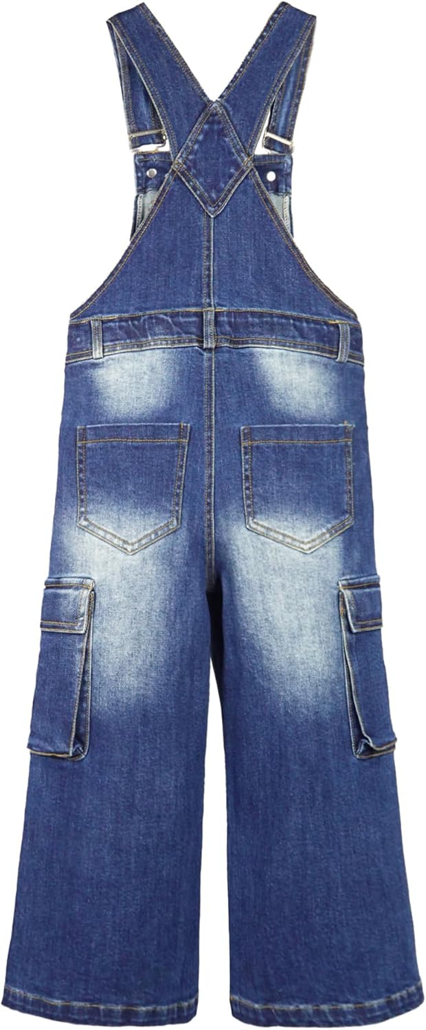 KIDSCOOL SPACE Girls Denim Overalls,Wide Leg Accordion Deep Heel Pockets Cargo Jeans Dungarees - Image 2