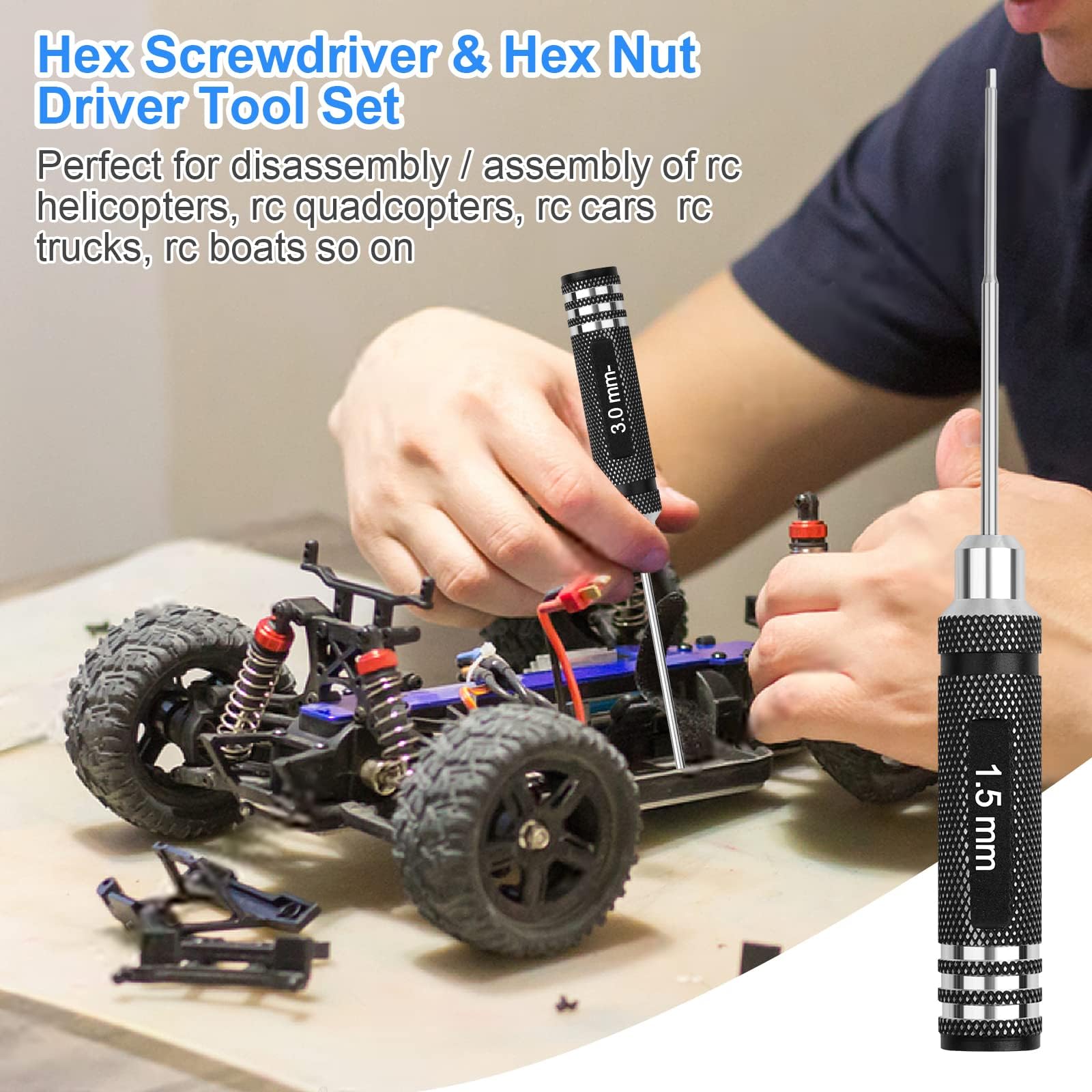 Ensemble d'outils de tournevis hexagonaux RC : 0,9 mm, 1,27 mm, 1,3 mm, 1,5 mm, 2,0 mm, 2,5 mm, 3,0 mm, kit de tournevis hexagonaux avec tournevis à écrou hexagonal et clé de voiture télécommandée