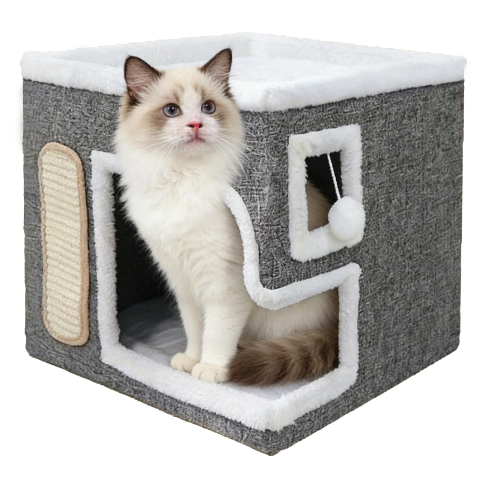 Foldable Cat House, 2-Story Cat Cave Bed with Sisal Scratching Pad, Hanging Ball, Soft Plush Lining, Waterproof Bottom, Collapsible Feline Play House, 15.7 x 15.7 x 13.8 in, Gray