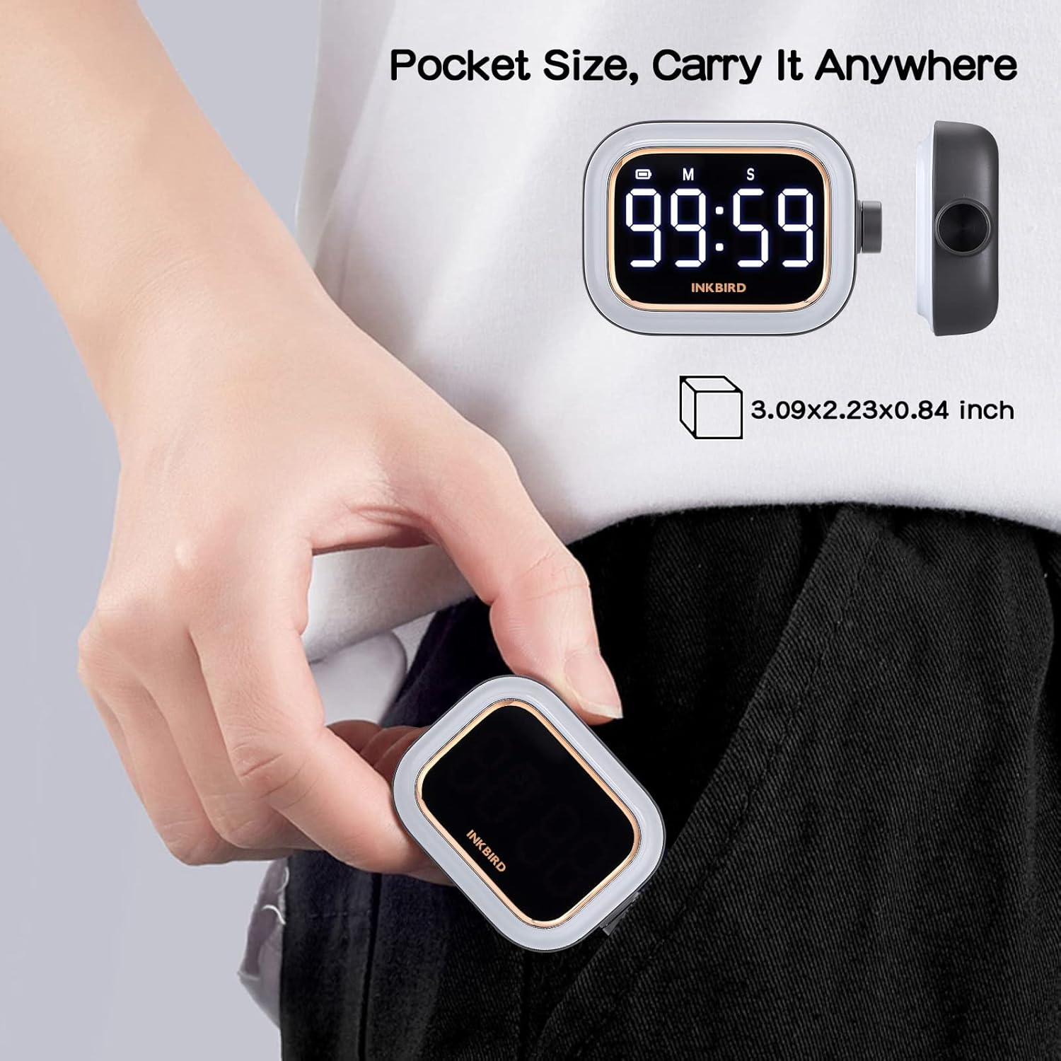 Hand holding the compact INKBIRD timer, illustrating its pocket size.