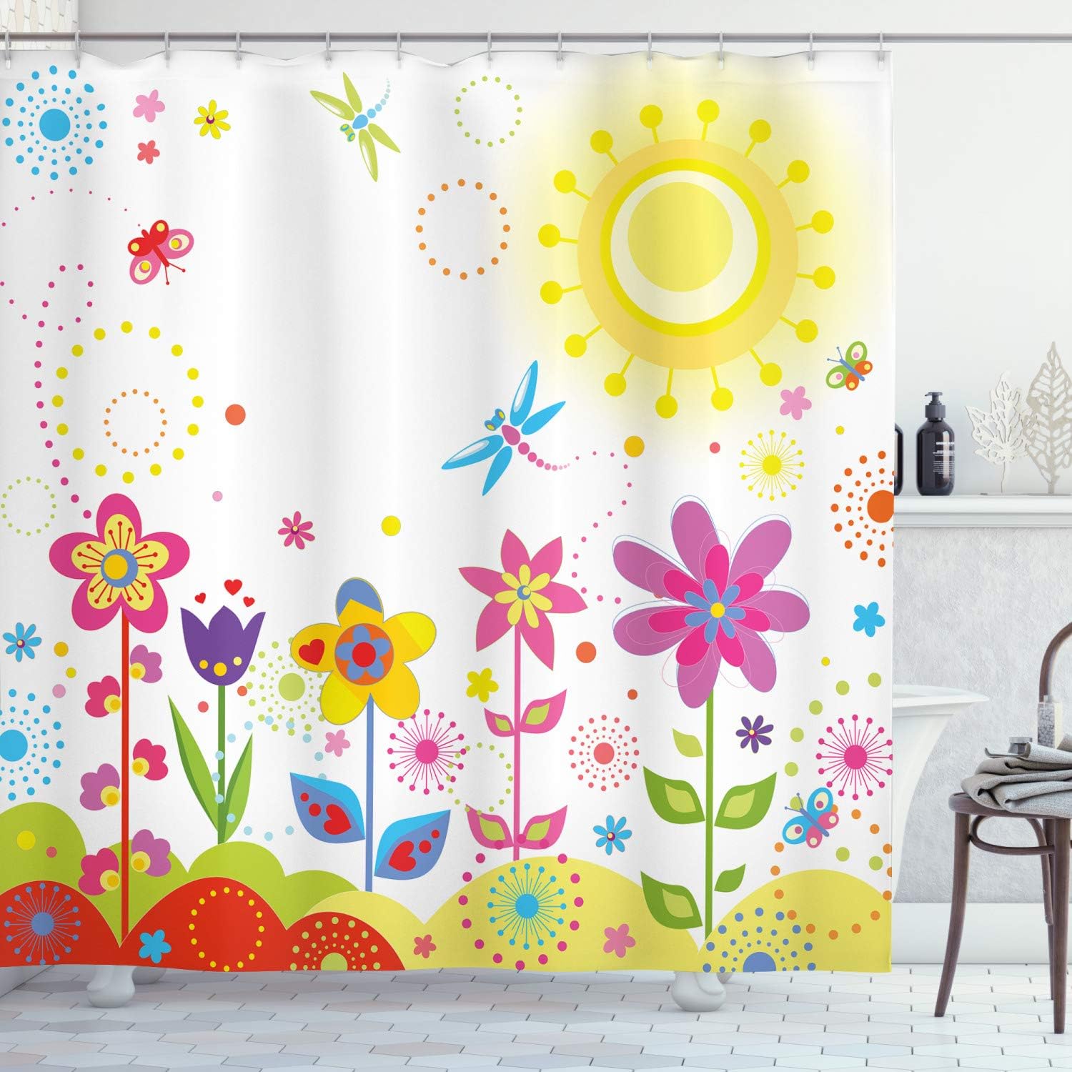 Ambesonne Floral Shower Curtain, Summer Season Sun Butterflies Dragonfly Flowers Happiness Spring Theme, Cloth Fabric Bathroom Decor Set with Hooks, 69" W x 70" L, Purple Pink