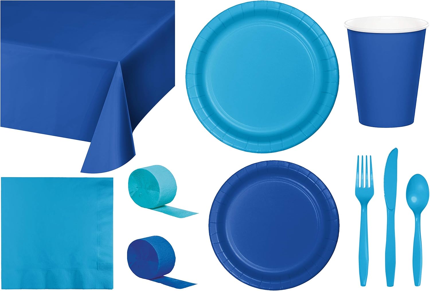 Baxters Party Bundle Bulk, Tableware for 24 People Cobalt Blue and Magenta Pink, 2 Size Plates Napkins, Paper Cups Tablecovers and Cutlery, Box of 199