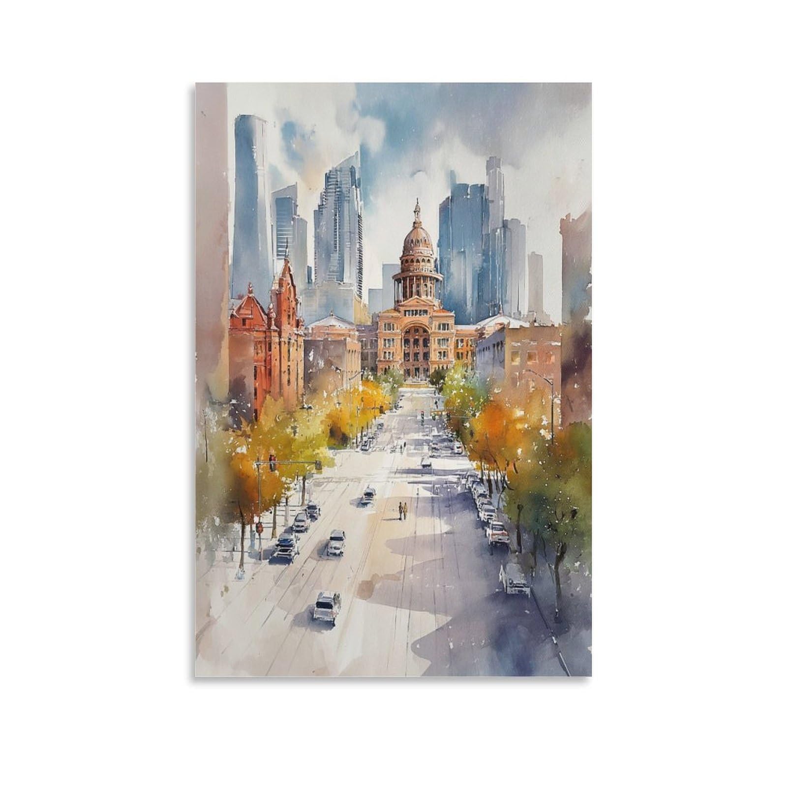 XWYMXZ Dallas Watercolor Print Texas Travel Poster 24x36inch(60x90cm) Vintage Watercolor Canvas Art