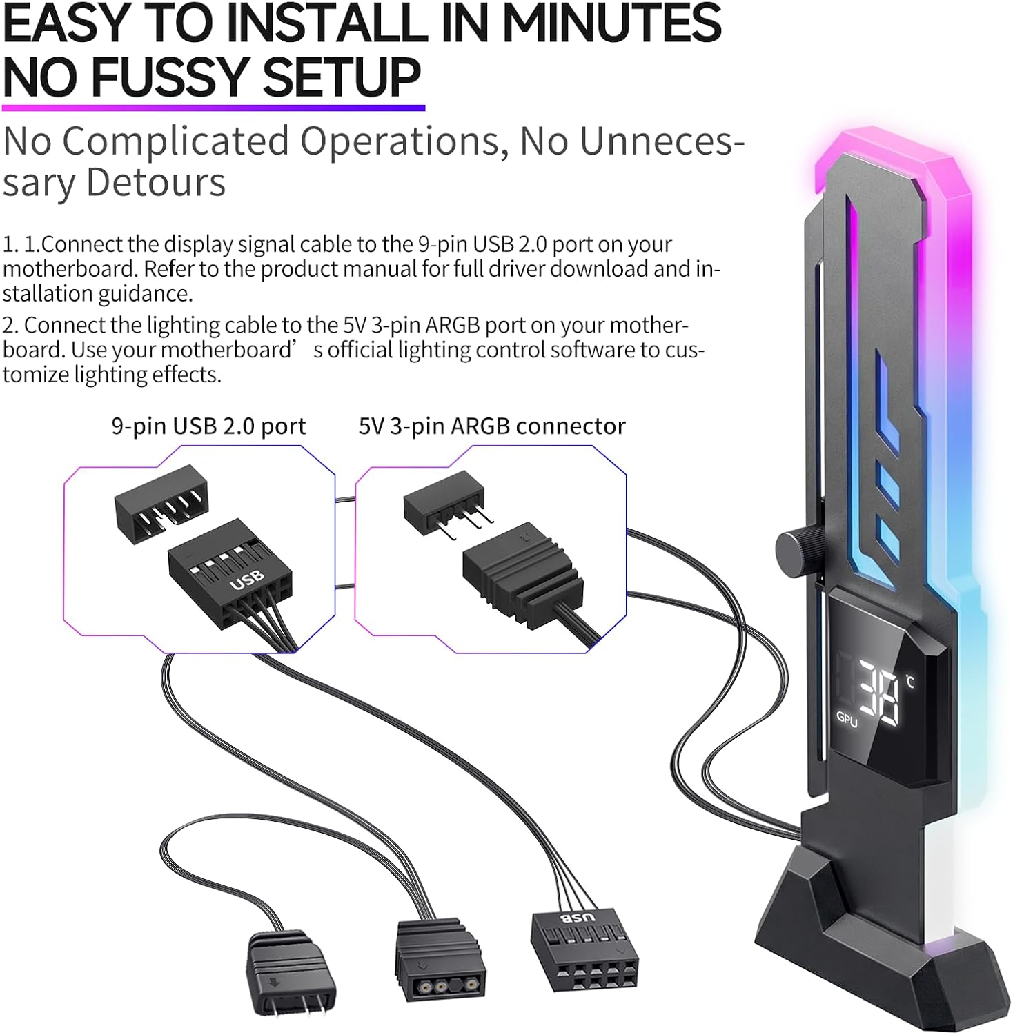 ARGB GPU Support Bracket with CPU & GPU Temp/Usage Display, Adjustable Height GPU Sag Bracket with Magnet & Non-Slip Base for Video Card, Universal Graphics Card Support, 5V3PIN RGB GPU Brace