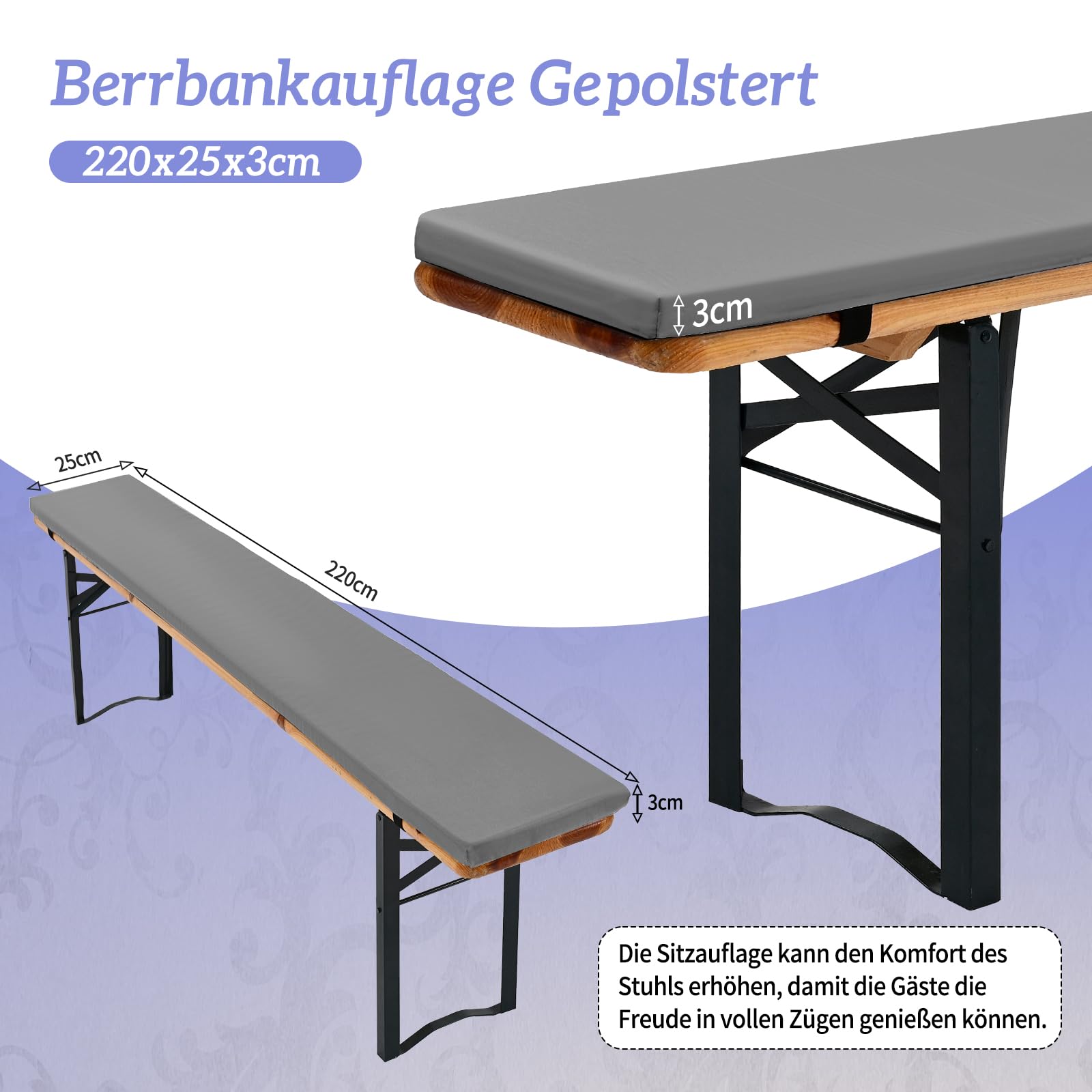 2er-Pack 220x25x3cm XL waschbar Bierbankauflage Gepolstert und 1 Packung 250x100cm Rechteck Polyester Bier Tischdecken für Party Outdoor & Indoor Gebrauch (Hellgrau,Wasserdicht)