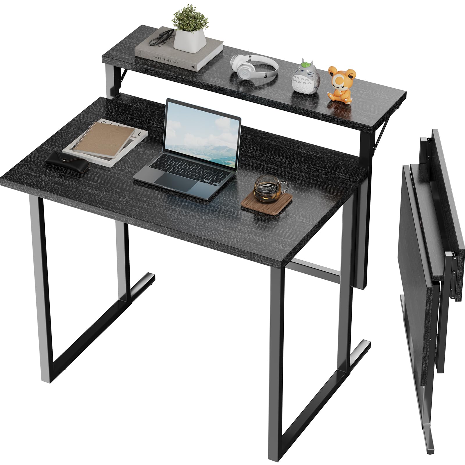 JUMMICO Schreibtisch Klappbar, 80cm Kleiner Schreibtisch mit Monitorablage, 2-stufiger Klapptisch für Home Office, Büro, Schule, Computertisch für kleine Räume (Schwarz)