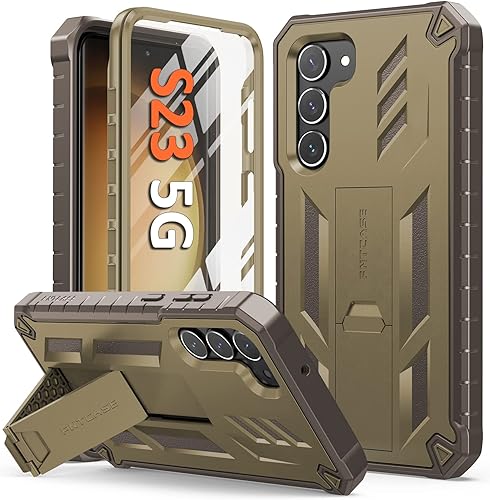 FNTCASE for Samsung Galaxy-S23 Protective Case Dual Layer Rugged Shockproof Cell Phone Cover with Built-in Screen Protector & Kickstand Military