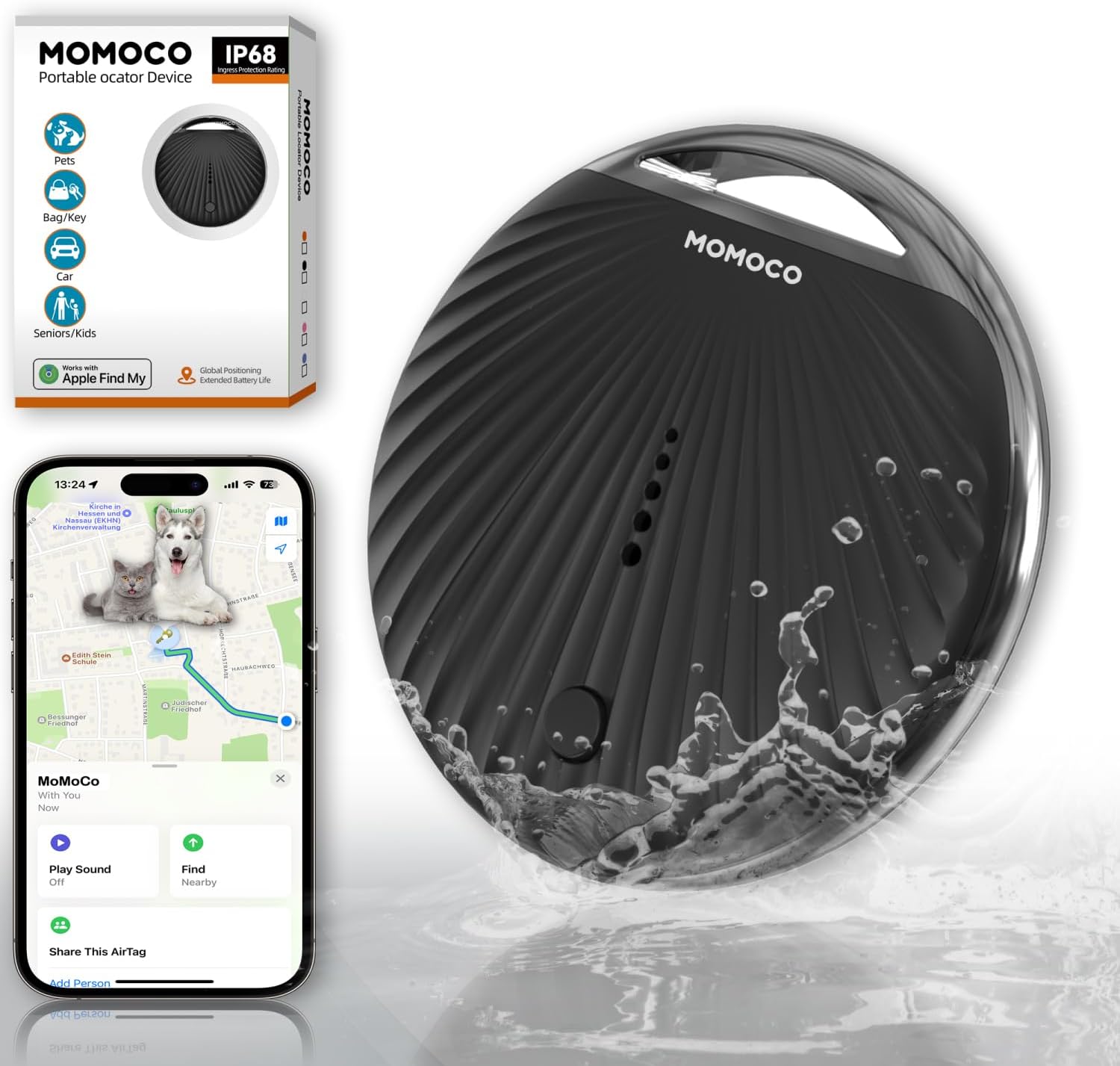 MoMoCo GPS Tracker for Pets – iOS Only No Subscription Required, Portable Real-Time GPS Tracking Device for Dogs, Compatible with Apple Find My, Location Tracker for Vehicles/Keys/Luggage (Black)
