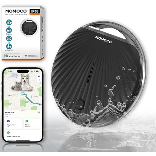 MoMoCo GPS Tracker – iOS Only No Subscription Required, Portable Real-Time GPS Tracking Device for Dogs,Compatible with Apple Find My, Location Tracker for Vehicles/Keys/Luggage (Black)