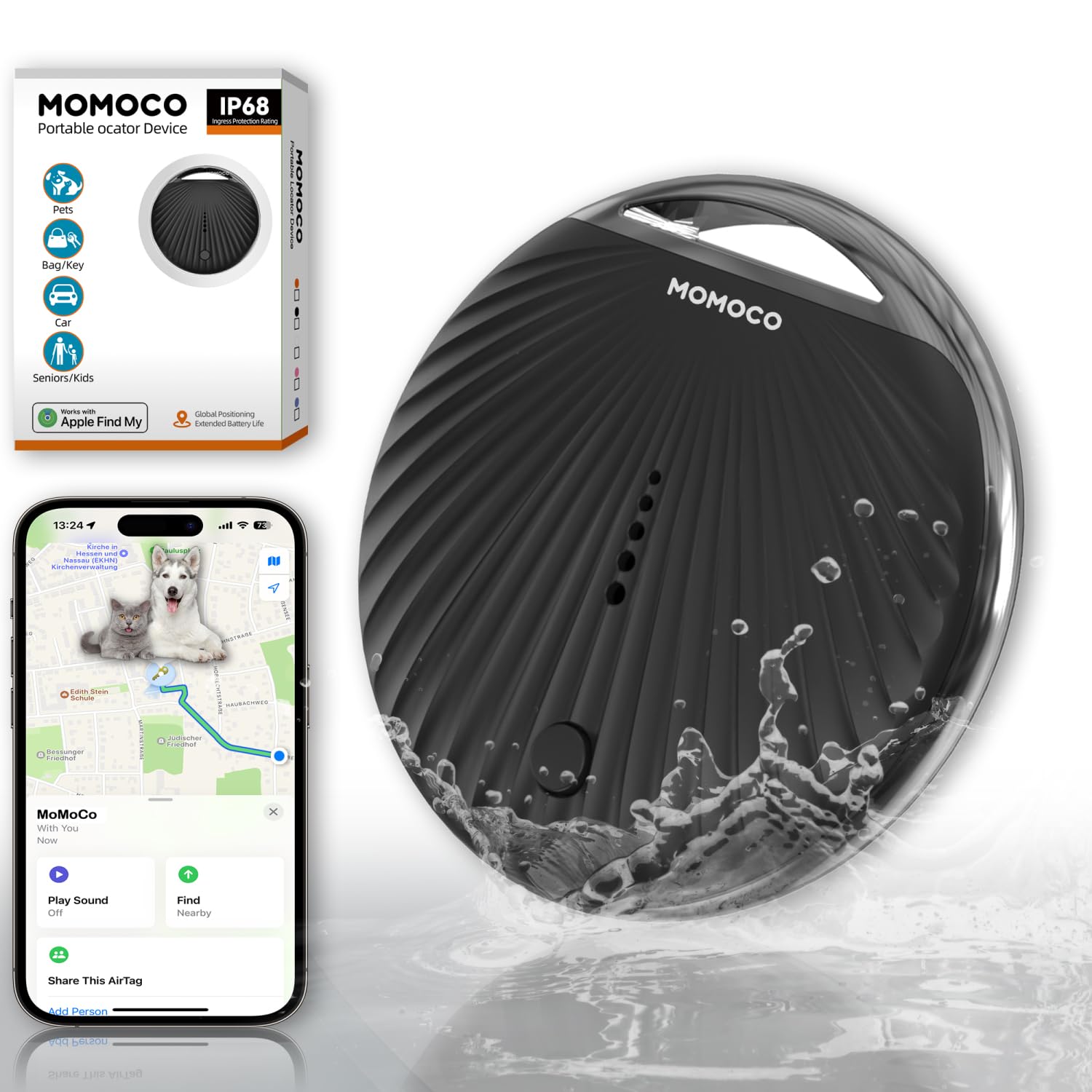 MoMoCo GPS Tracker for Pets – iOS Only No Subscription Required, Portable Real-Time GPS Tracking Device for Dogs, Compatible with Apple Find My, Location Tracker for Vehicles/Keys/Luggage (Black)