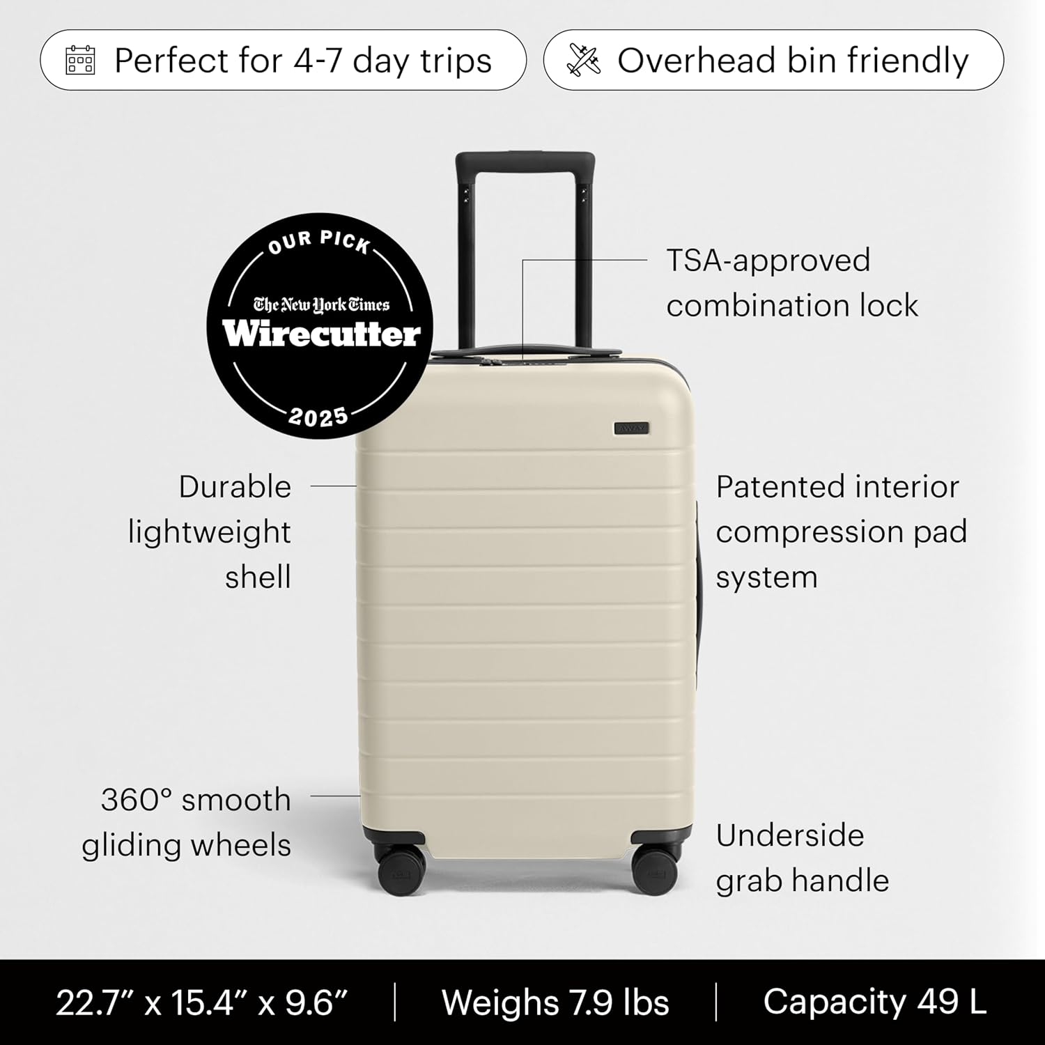 Away Carry-On Luggage - 22-Inch Lightweight Hardside Suitcase with 360° Spinner Wheels, Interior Compression System, TSA-Approved Lock - Salt White Matte