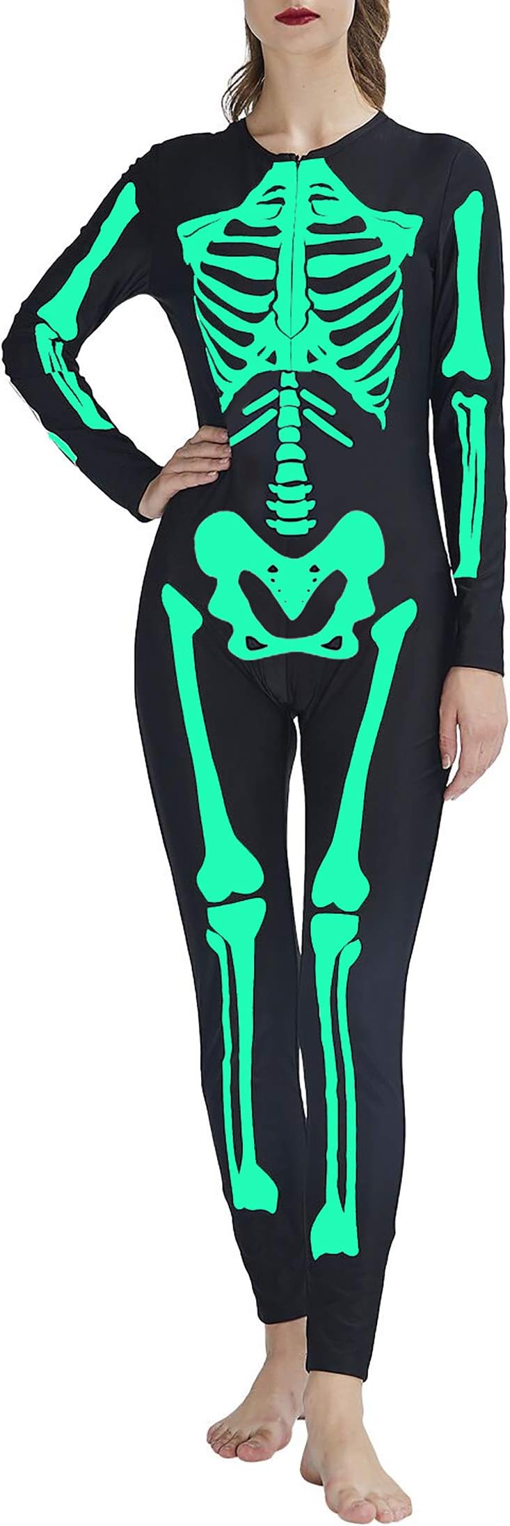 UNICOMIDEA Women's Halloween Costumes Glow in The Dark Skeleton Bodysuit Jumpsuit Skull Bone Skinny Catsuit S-XL