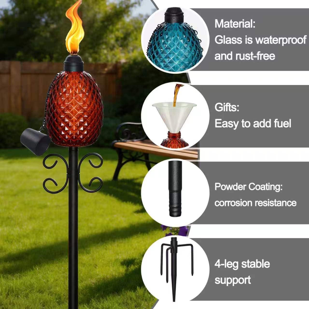 4 Pack Glass Garden Torches for Outside,12.5 Oz Citronella Torches | 4-Prong Grounded Stake, Burning Time 8 hours+，Outdoor Patio Decor Torches for Party Patio Yard Pathway ( Multi-Color)
