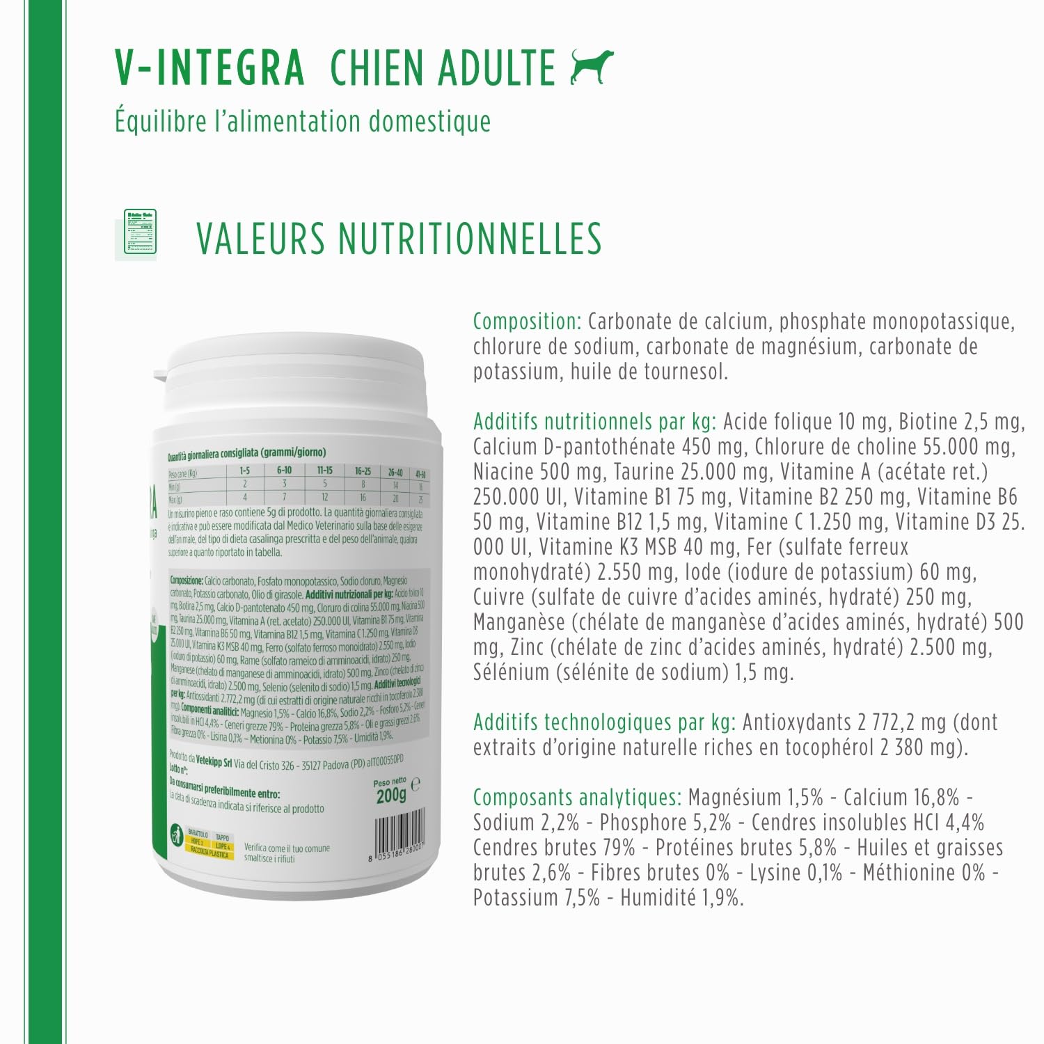 V-INTEGRA Chien Adulte - Supplément Complet Riche en vitamines et minéraux pour la Ration ménagère et Barf des Chiens Adultes - 200 g - Produit en Italie