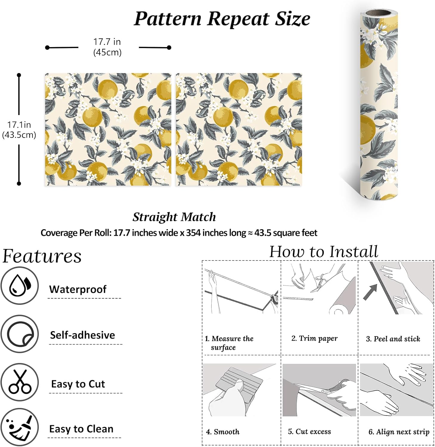 VEELIKE Beige Orange Citrus Wallpaper Stick and Peel Vintage Lemon Wallpaper for Kitchen 17.7''x354'' Fruit Floral Wallpaper Peel and Stick Removable Orange Contact Paper for Walls Bedroom Nursery