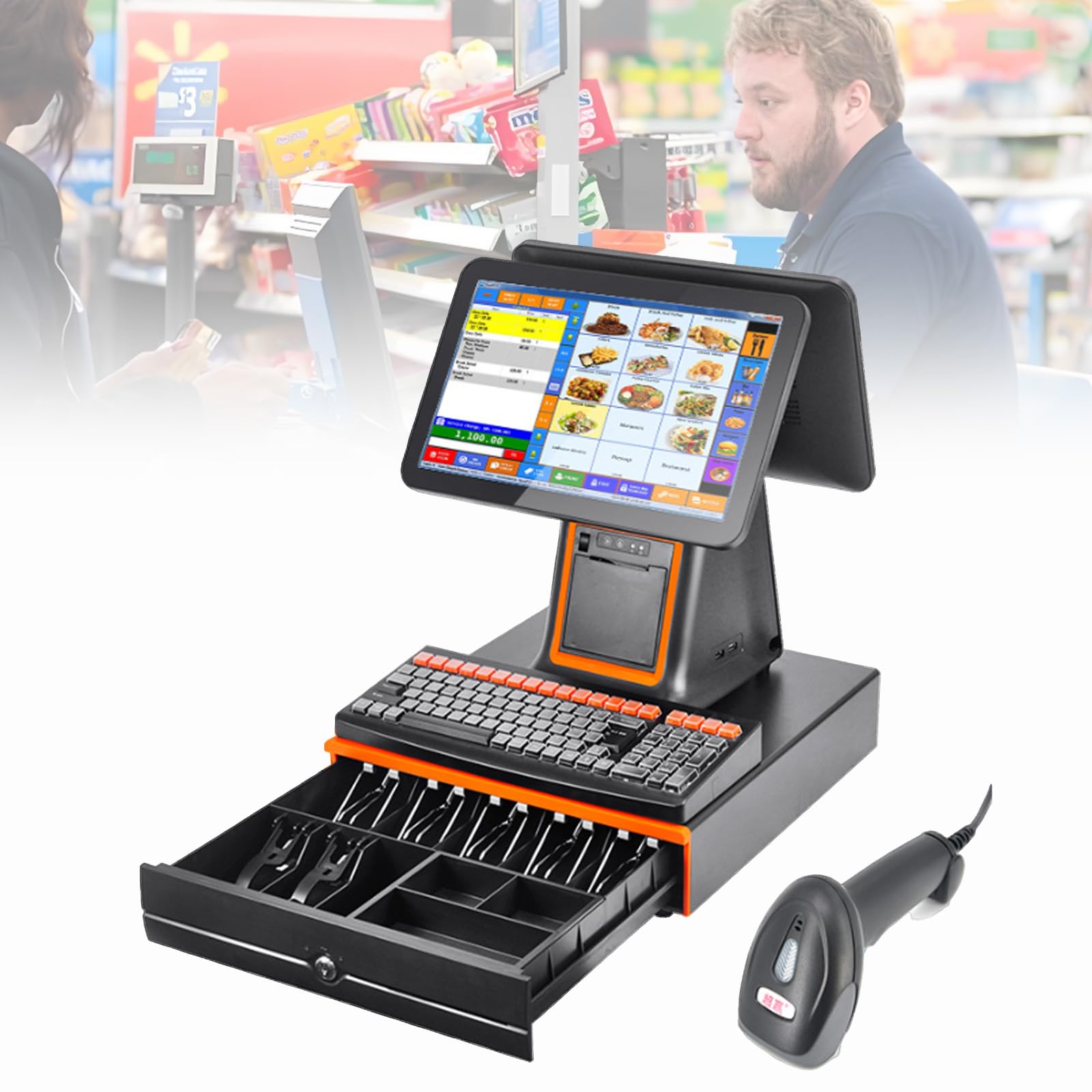 Sistema POS per ristoranti, registratore di cassa intelligente all-in-one con doppio schermo da 15,6 pollici, stampante di ricevute integrata, terminale di pagamento per negozi al dettaglio Black