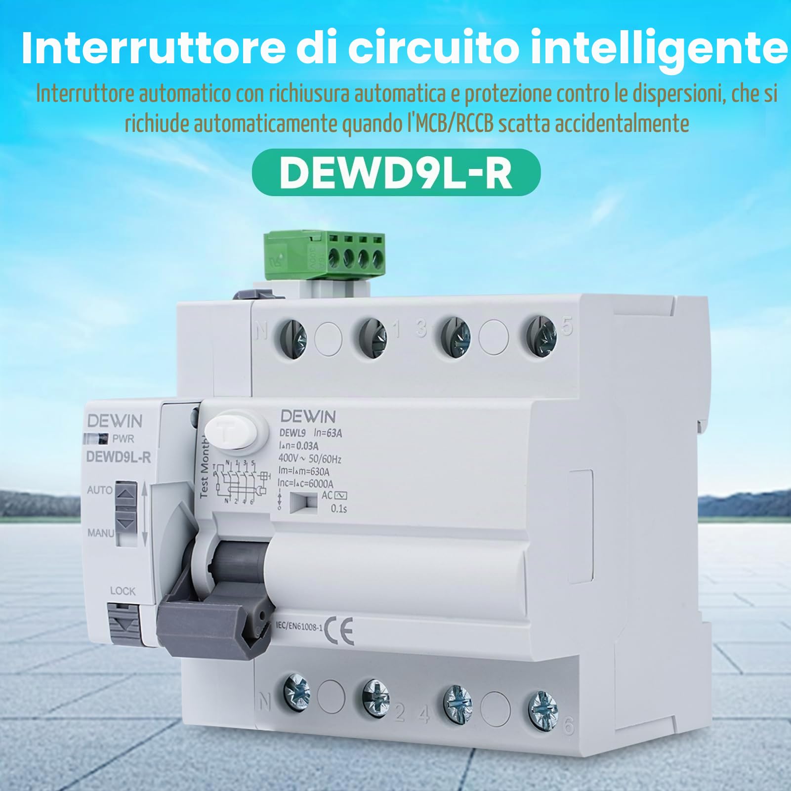 Differenziale Riarmo Automatico, 4P 63A 30ma 400V Salvavita con Riarmo Automatico RCCB Interruttore Differenziale a Riarmo Automatico Salvavita Interruttore di Protezione da Perdite