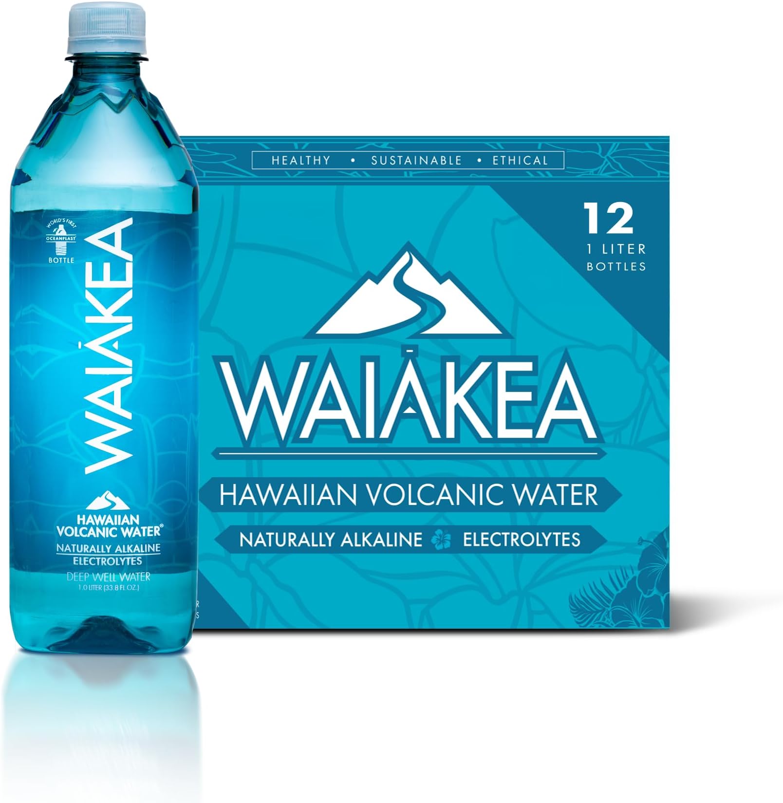Hawaiian Volcanic Water, Naturally Alkaline, 100% Recycled Bottle, 1L (Pack of 12), 33.8 Fl Oz (Pack of 12)