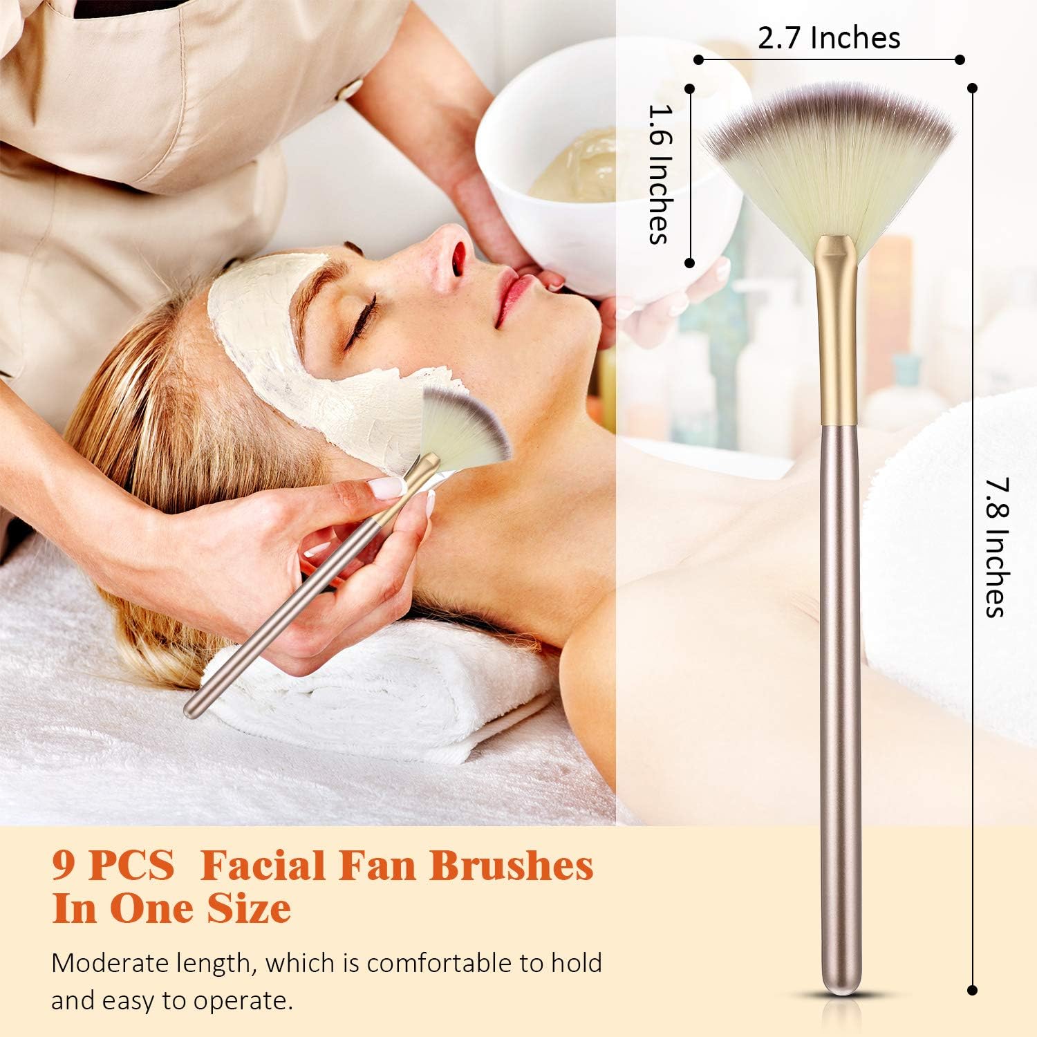 9 Pieces Facial Fan Mask Brushes, Soft Facial Applicator Brushes Tools for Peel Glycolic Makeup for Mud Cream(Champagne)